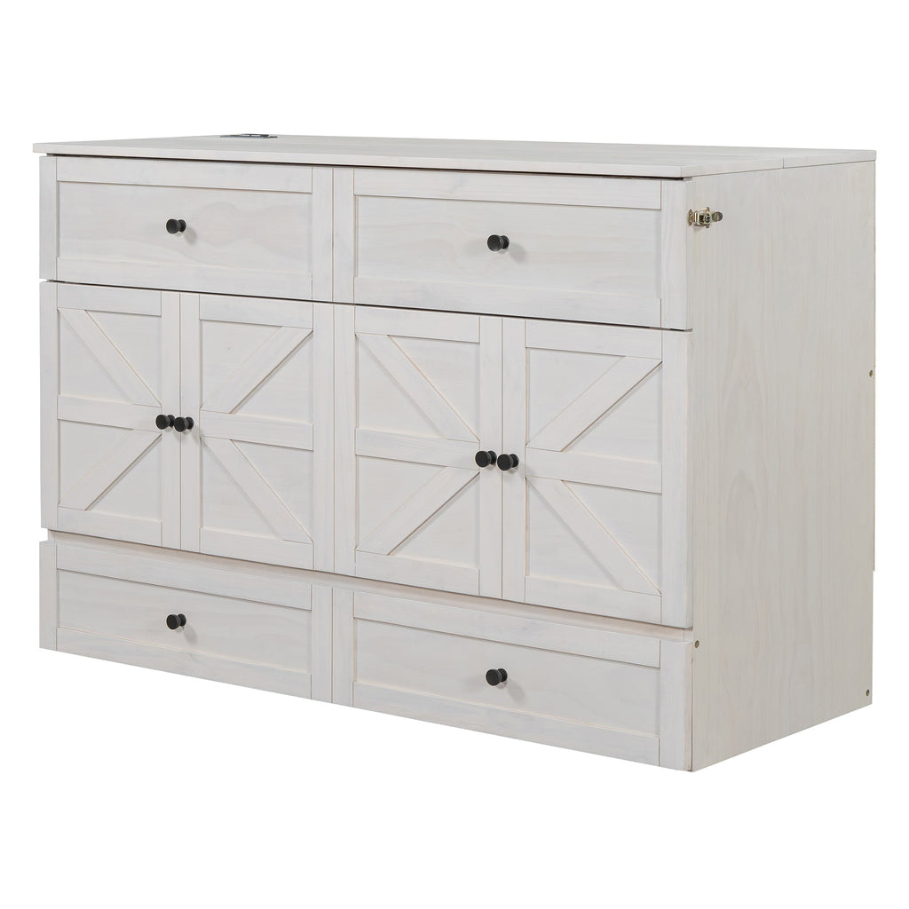 Queen Size Murphy Bed with Large Drawers & USB Ports,Brushed White