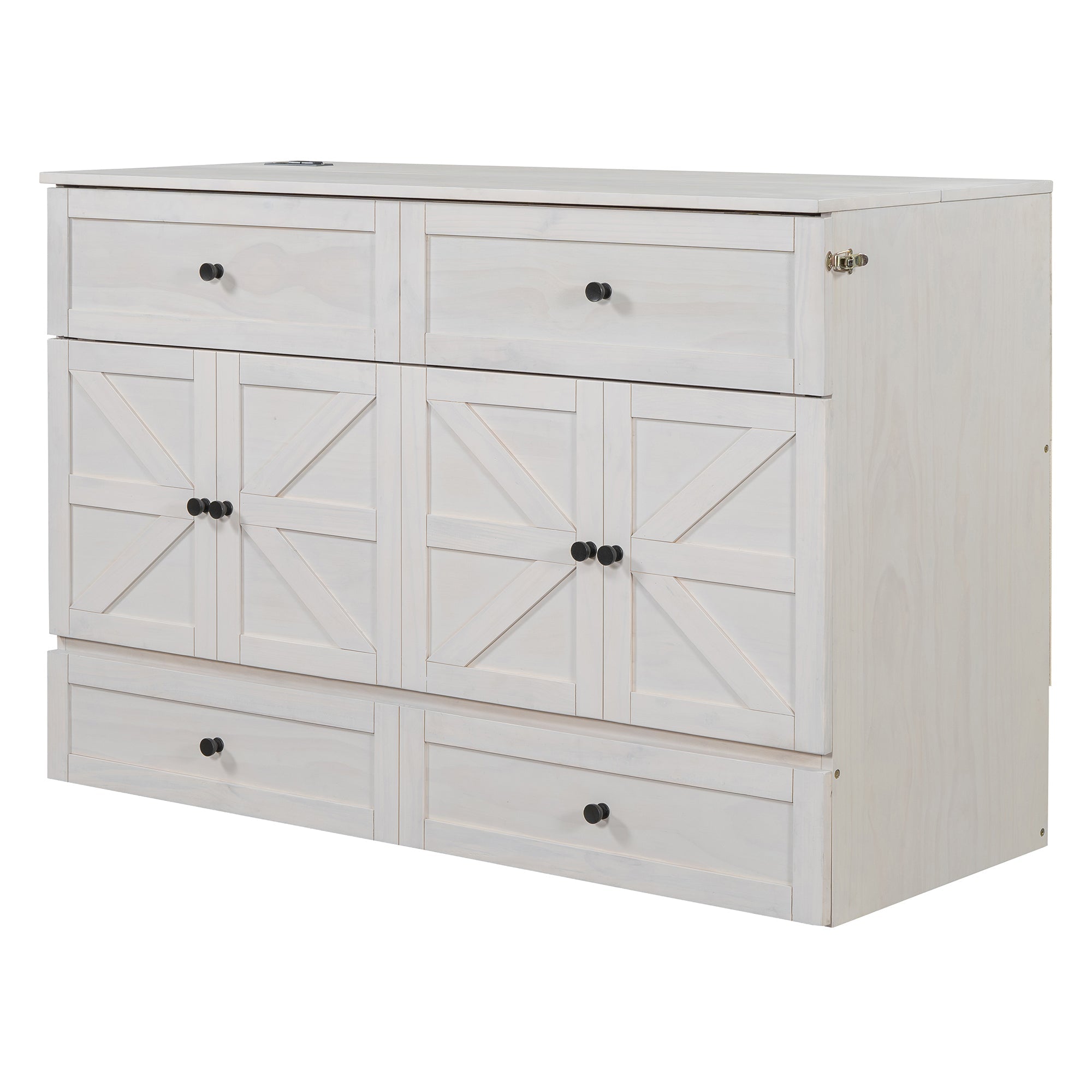 Queen Size Murphy Bed with Large Drawers & USB Ports,Brushed White