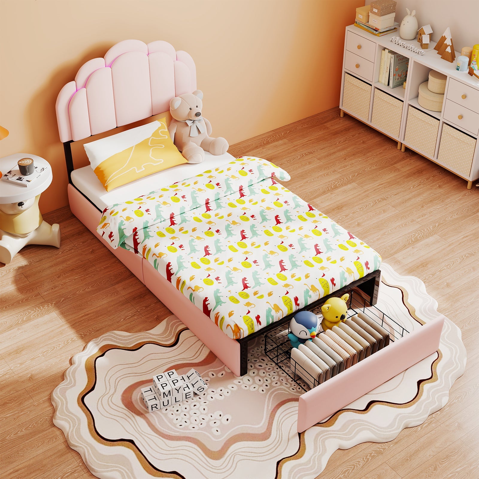 Velvet Petal Platform Bed with RGB LED Lights & Storage Drawers, Pink Wood+Metal Design, 72' L x 43' W x 39' H