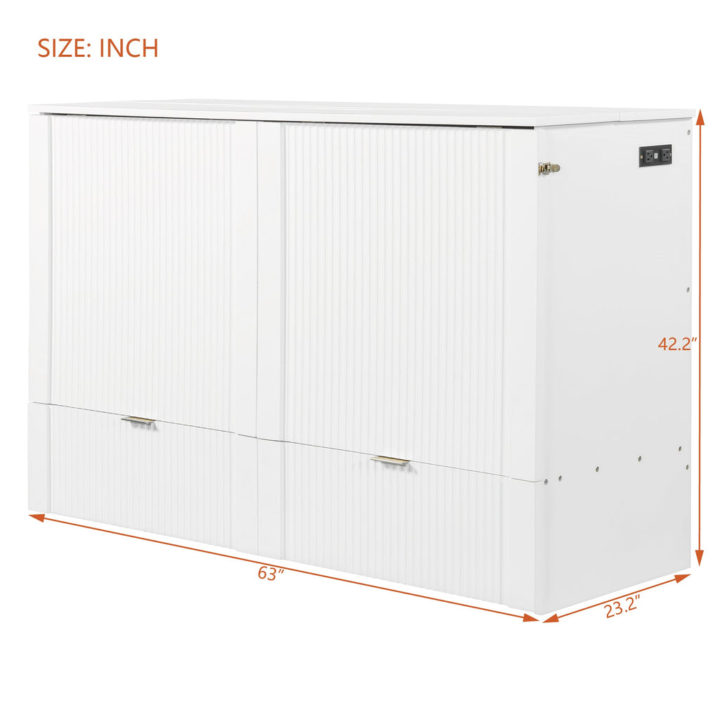 Queen Size Murphy  Bed with drawer and a set of Sockets & USB Ports, Pulley Structure Design, White