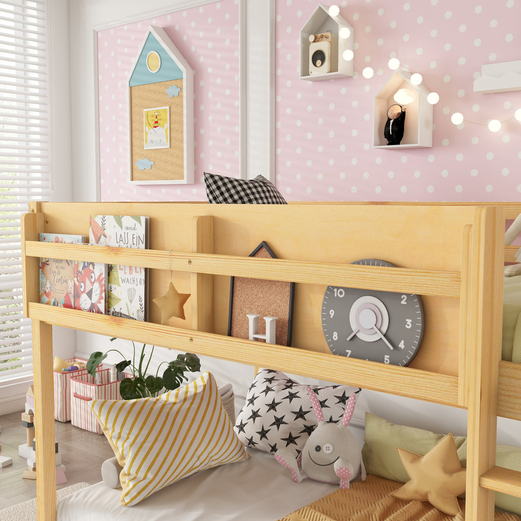 Low Twin Over Twin Bunk Bed, Floor Bunk Bed with Ladder, Solid Wood Twin Bunk Bed for Kids & Juniors, Natural(Expect Arrival Date 2025/11/25)