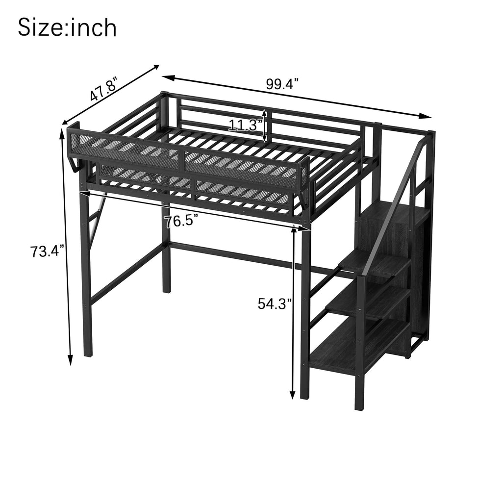 Twin XL Size Loft Bed with Stairs, Metal Full Loft Bed with Storage Shelves, High Loft Bed with Wardrobe for Kids Teens, Black(Expect Arrival Date 2025/10/14)