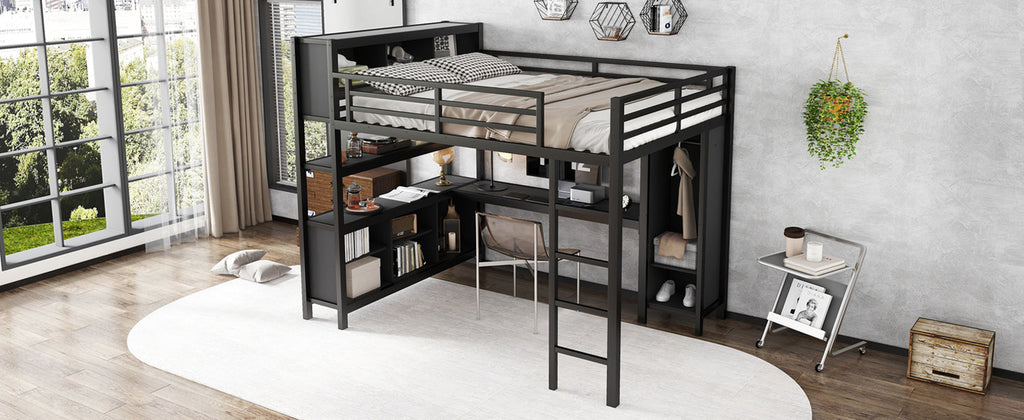 Metal Loft Bed with Wardrobe And L-shaped Desk, Queen Size Loft Bed with Storage Cubes and Shelves, Heavy Duty Loft Bed for Kids Teens Adults, Black