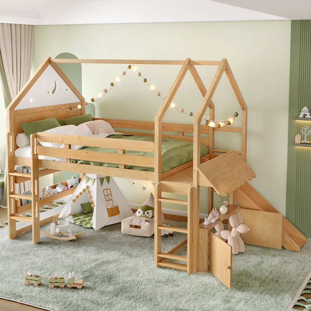 Full Size Loft Bed with Bookshelf Playful Design for Kids House-Shaped Structure with Slide High-Quality Safety Rails,Natural