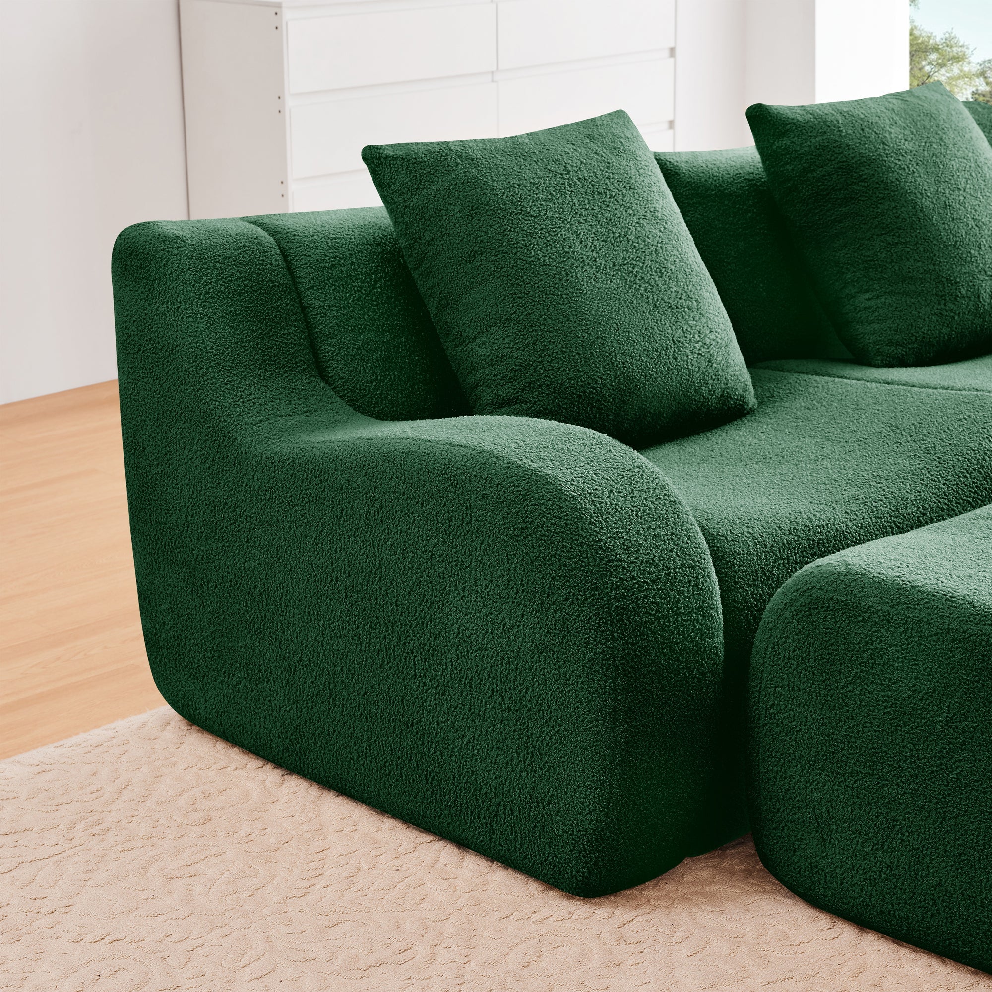 U-Shaped Boneless Sofa,Teddy Fabric No assembly required   Curved armrest,Anti-slip Design,Streamlined Design 32D High Density Sponge,Full Compression Vacuum Packag,For Studies living Rooms,Green
