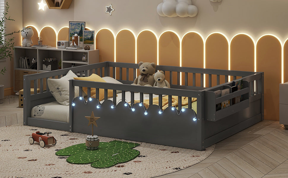 Full Montessori Floor Bed Frame with High Rails, Wood Kids Floor Beds with Light and Storage Shelf, Gray(Expect Arrival Date 2025/8/15)