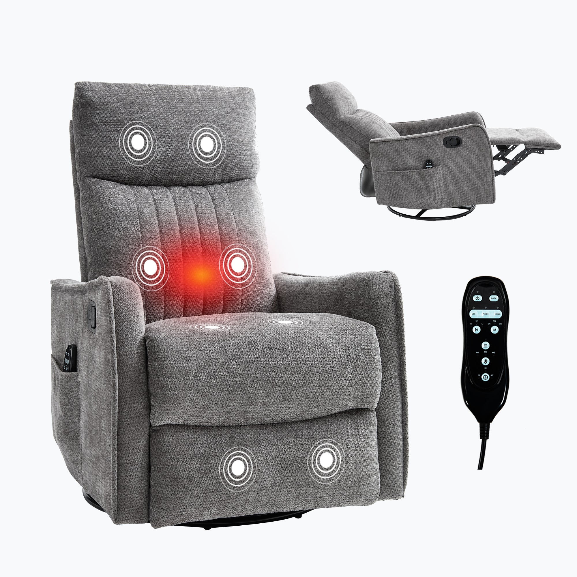 Dark Grey Heat Massage Manual Recliner Chair with Rocker and Swivel in Fabric for Living Room