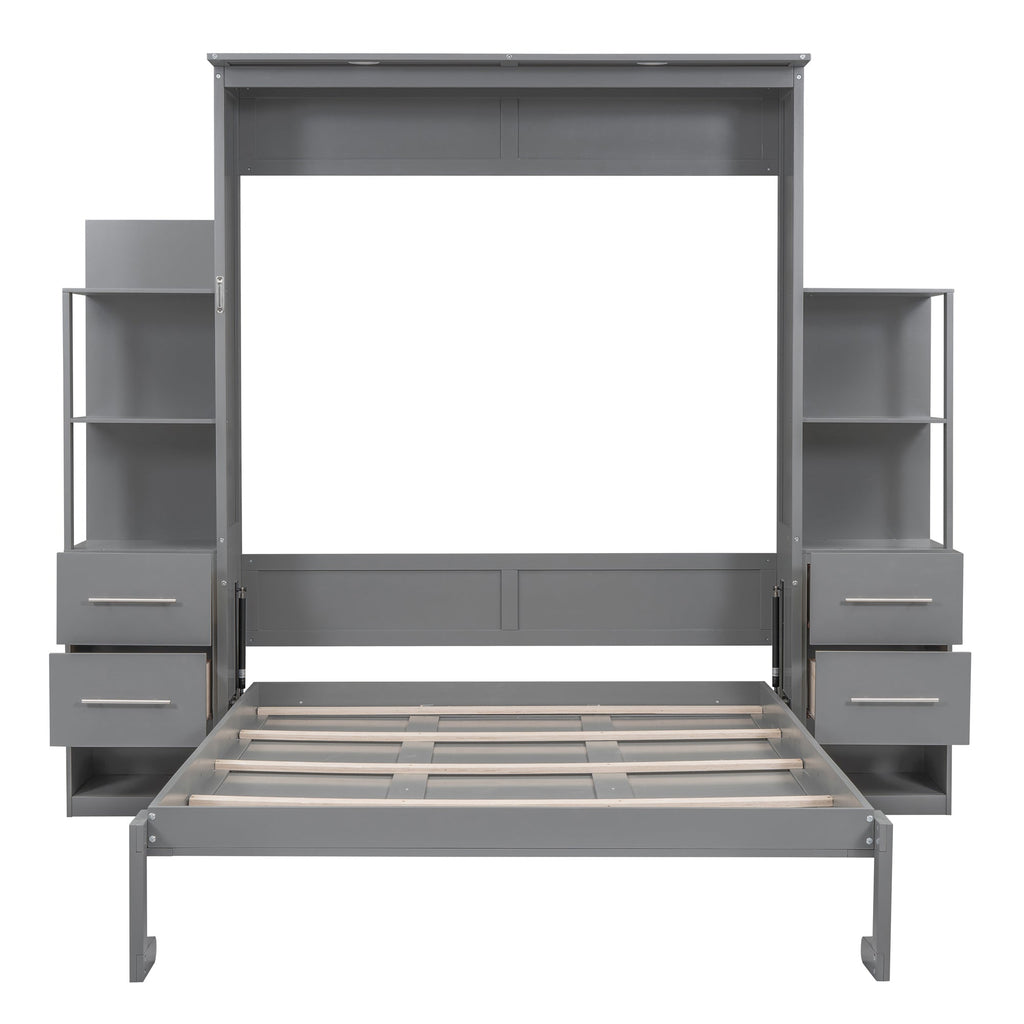 Queen Size Murphy Bed Wall Bed with Shelves, Drawers and Lights,Gray(OLD SKU:LP000566AAE-1)