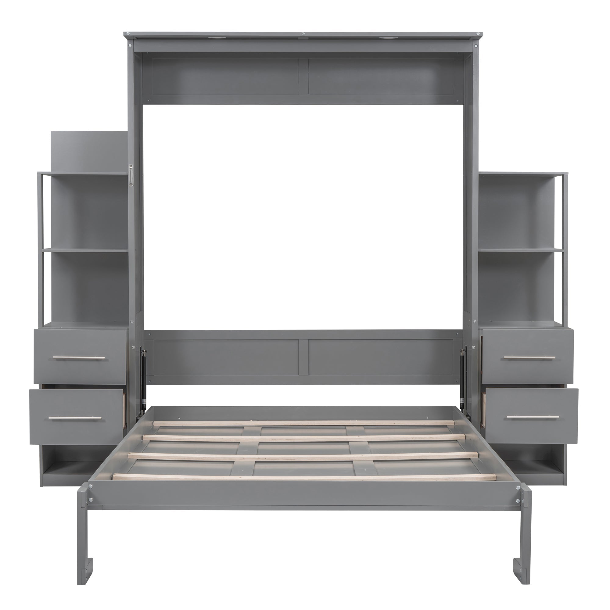 Queen Size Murphy Bed Wall Bed with Shelves, Drawers and Lights,Gray(OLD SKU:LP000566AAE-1)