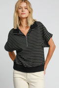 Umgee Striped Half Zip Short Sleeve Sweatshirt