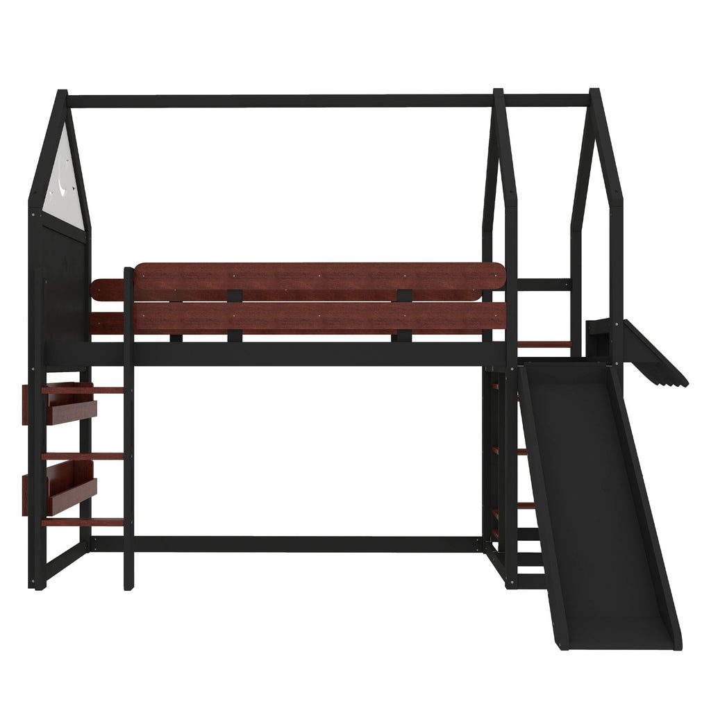 Twin Size Loft Bed with Bookshelf Playful Design for Kids House-Shaped Structure with Slide High-Quality Safety Rails,Beige/Natural /Black