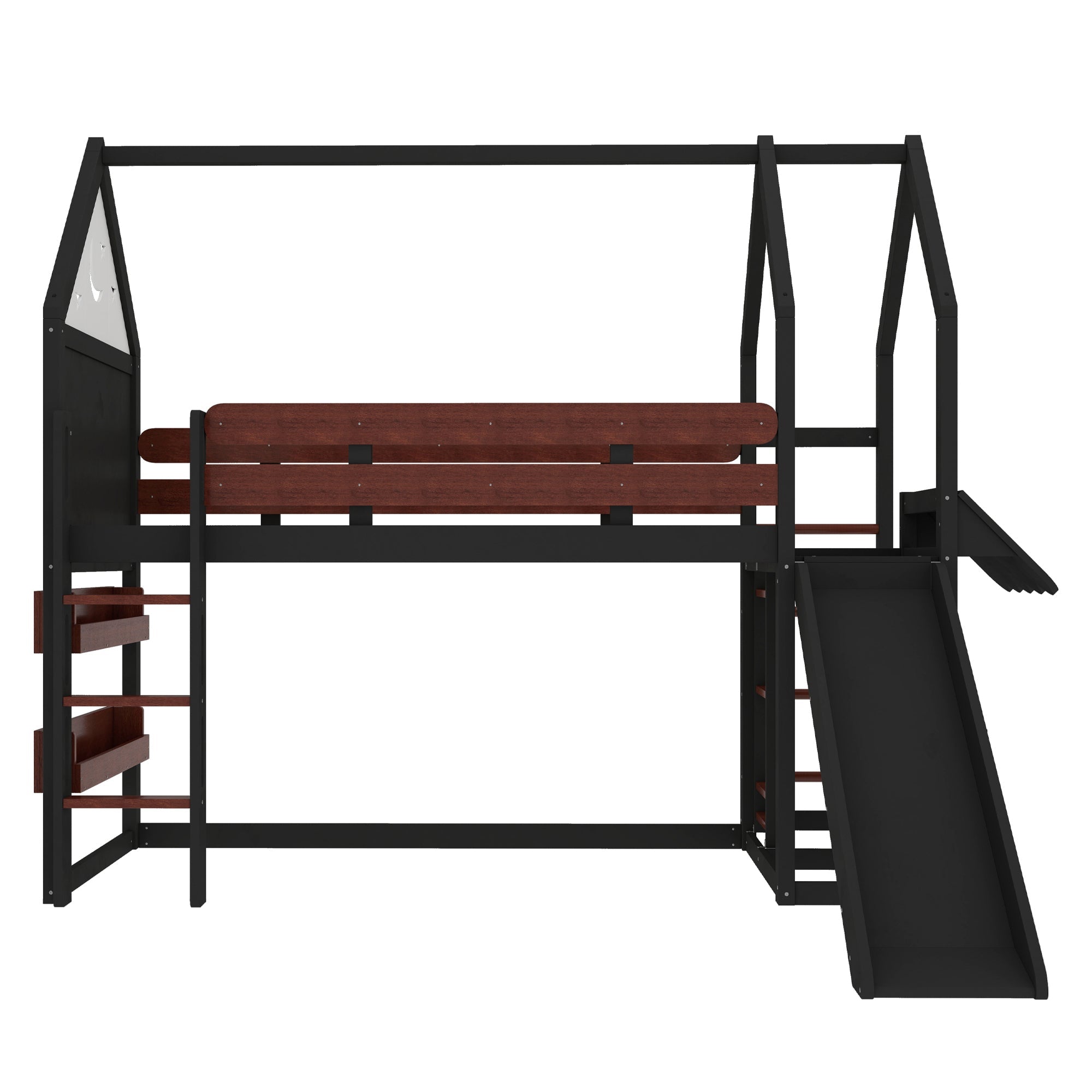 Twin Size Loft Bed with Bookshelf Playful Design for Kids House-Shaped Structure with Slide High-Quality Safety Rails,Beige/Natural /Black