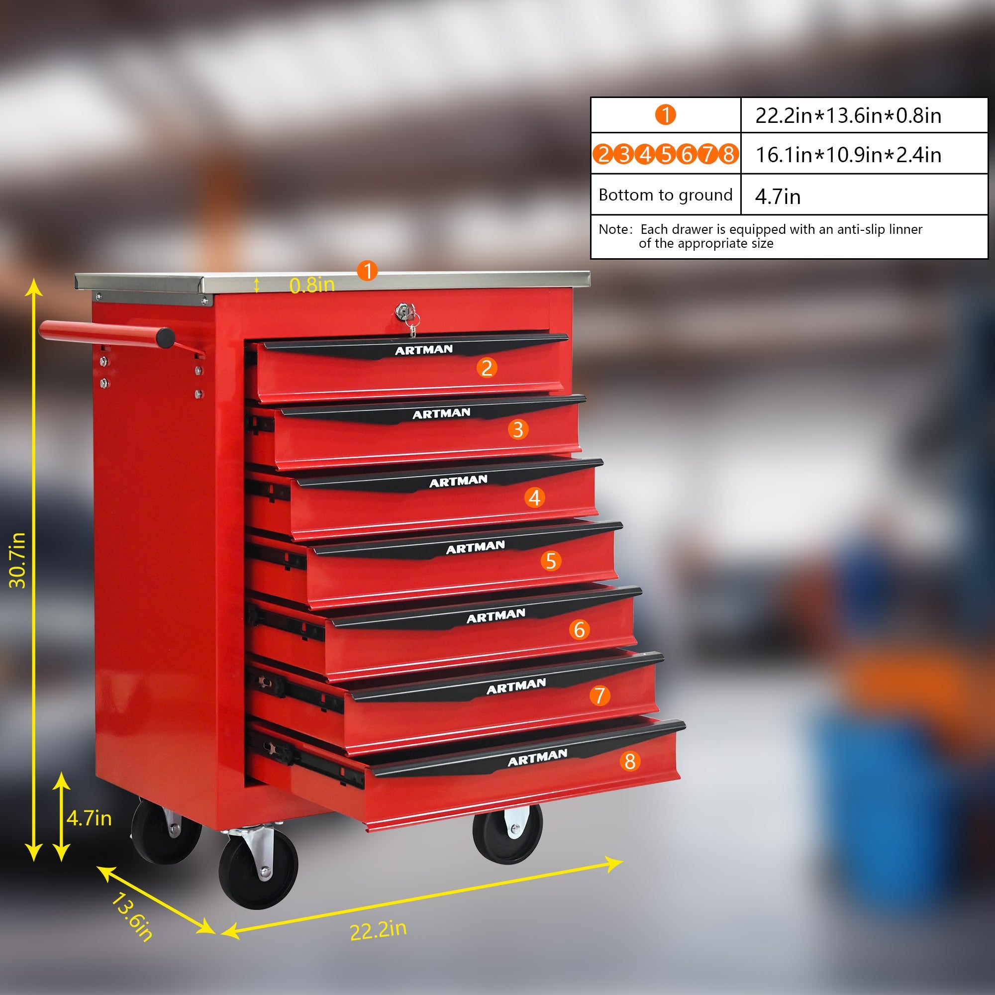 7 Drawers Multifunctional Tool Cart with Wheels,Metal Rolling Tool Cart Storage for Garage Workshop Warehouse Repair Shop--With Stainless Steel Roof- Red&Black