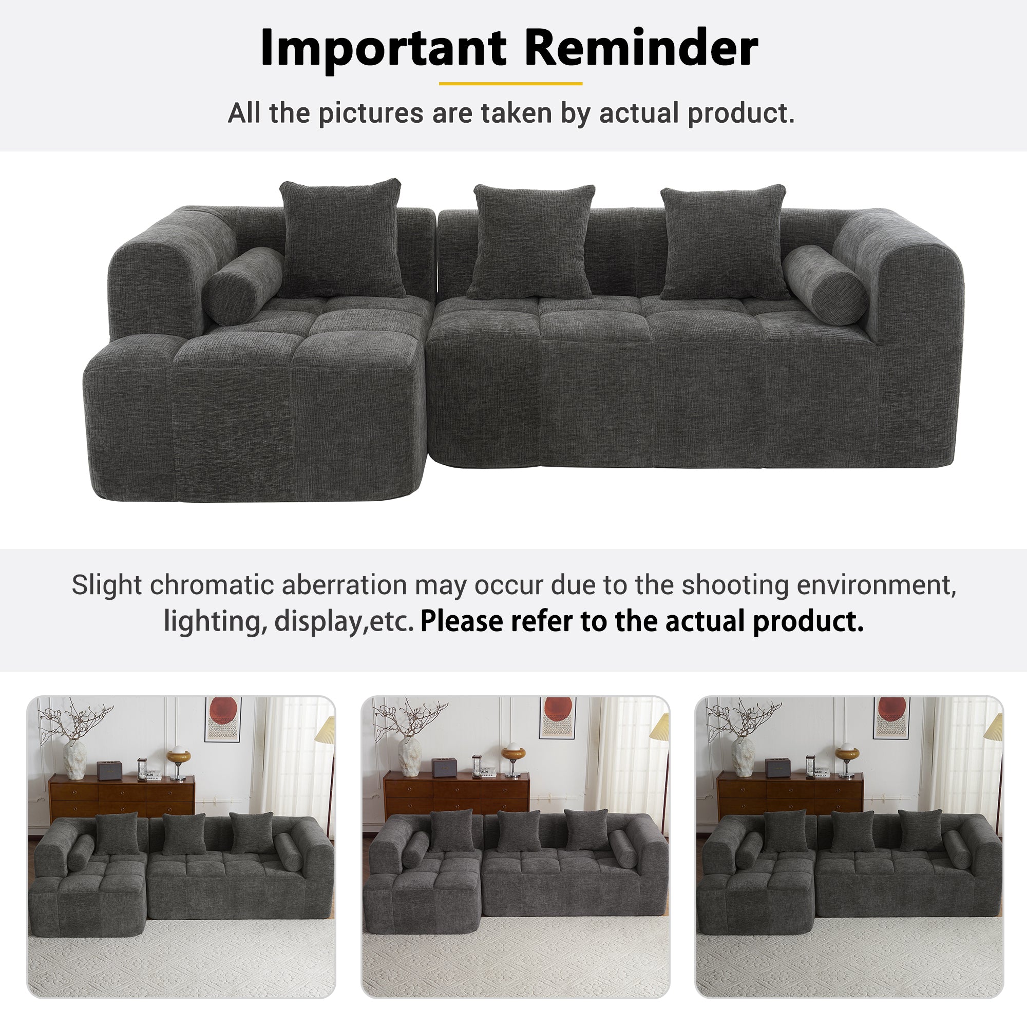 Modern Grey Modular Sectional Sofa with Deep Seating and Side Pockets in Chenille Fabric