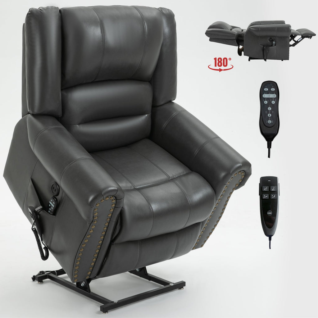 Power Lift Recliner Chair Heat Massage Dual Motor Infinite Position Up to 350 LBS, Faux Leather, Heavy Duty Motion Mechanism with USB Ports, Grey