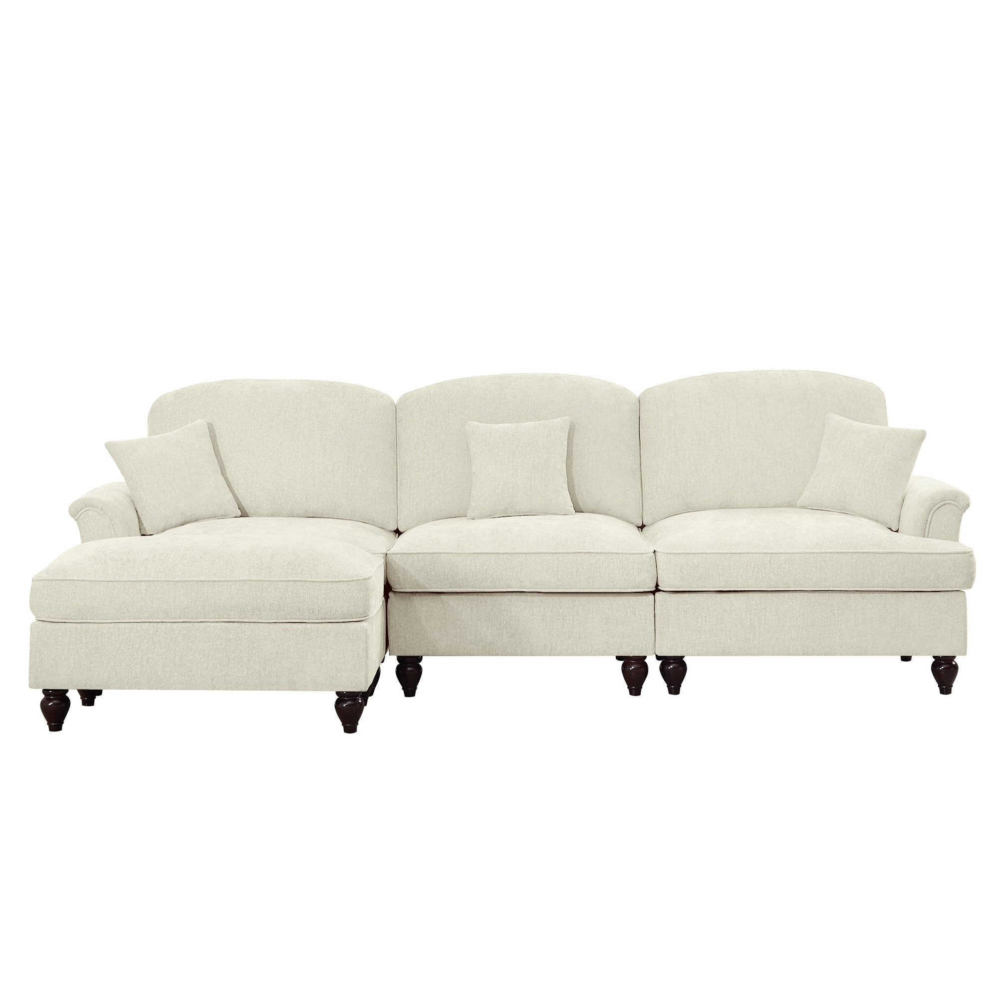 Mid Century Three Seater Modular L Shaped Sectional Couch with Flared Arms and Removable Ruffles Pleats Skirts and Spindle Legs, Comfy Chenille 3-Seat Deep Seat Sofa with Movable Ottoman, Beige White