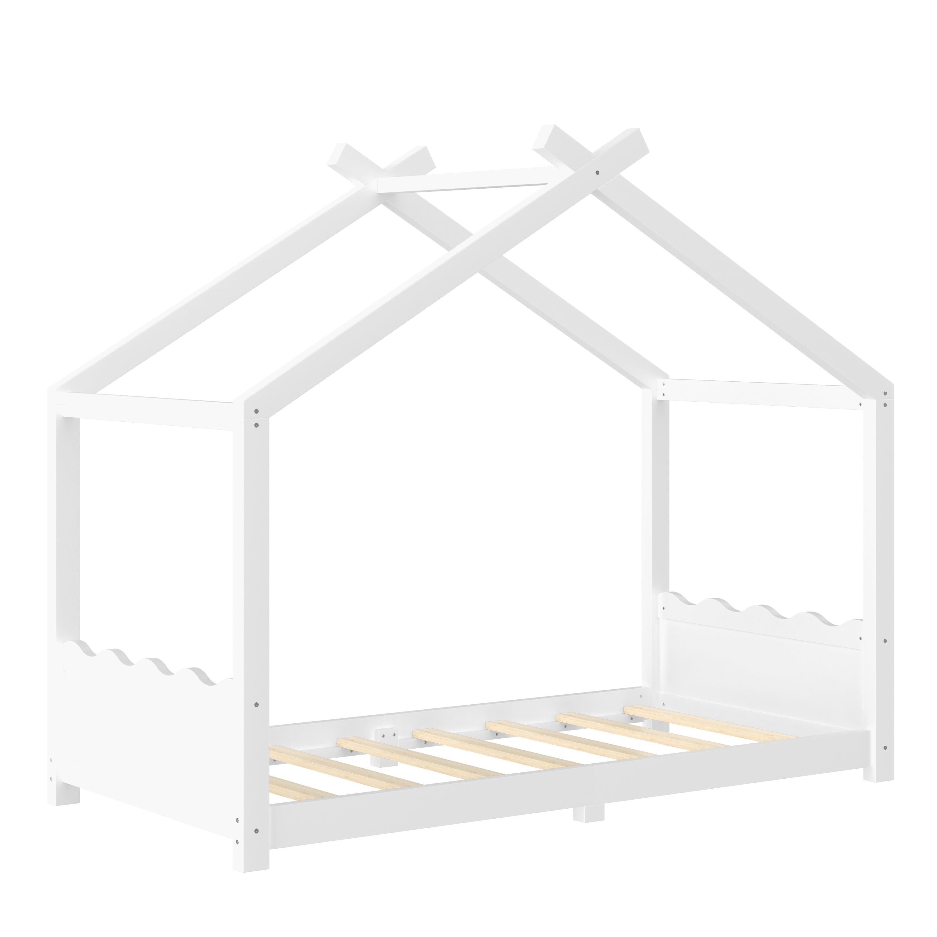 Twin House Floor Bed with Support Slats, Solid Wood House Bed Frame for Kids, No Box Spring Needed and Opening Constructure, White