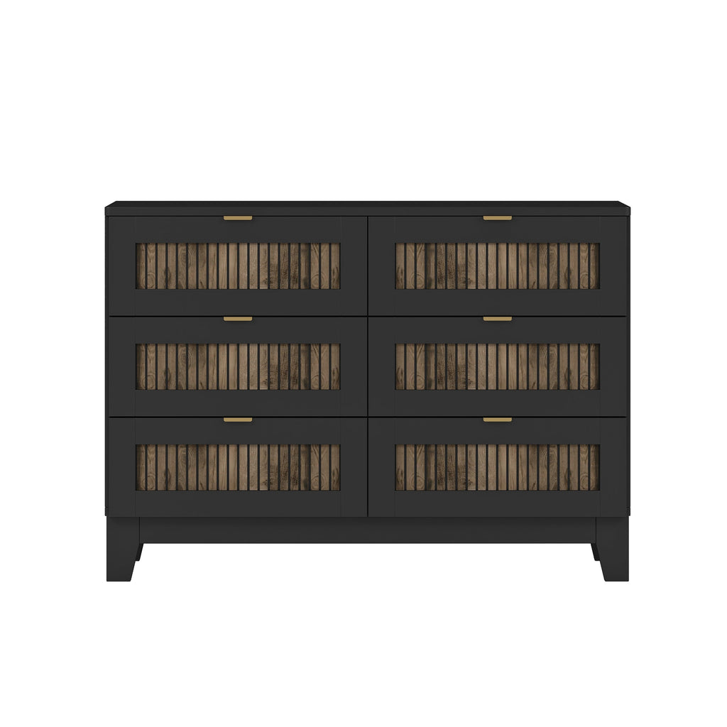 4-Pieces Bedroom Sets, Queen Size Farmhouse Platform Bed with Wooden Strip Stickers Decoration, Storage Nightstand and Dresser with Metal Handle, Black(Old SKU: HL000191AAB)