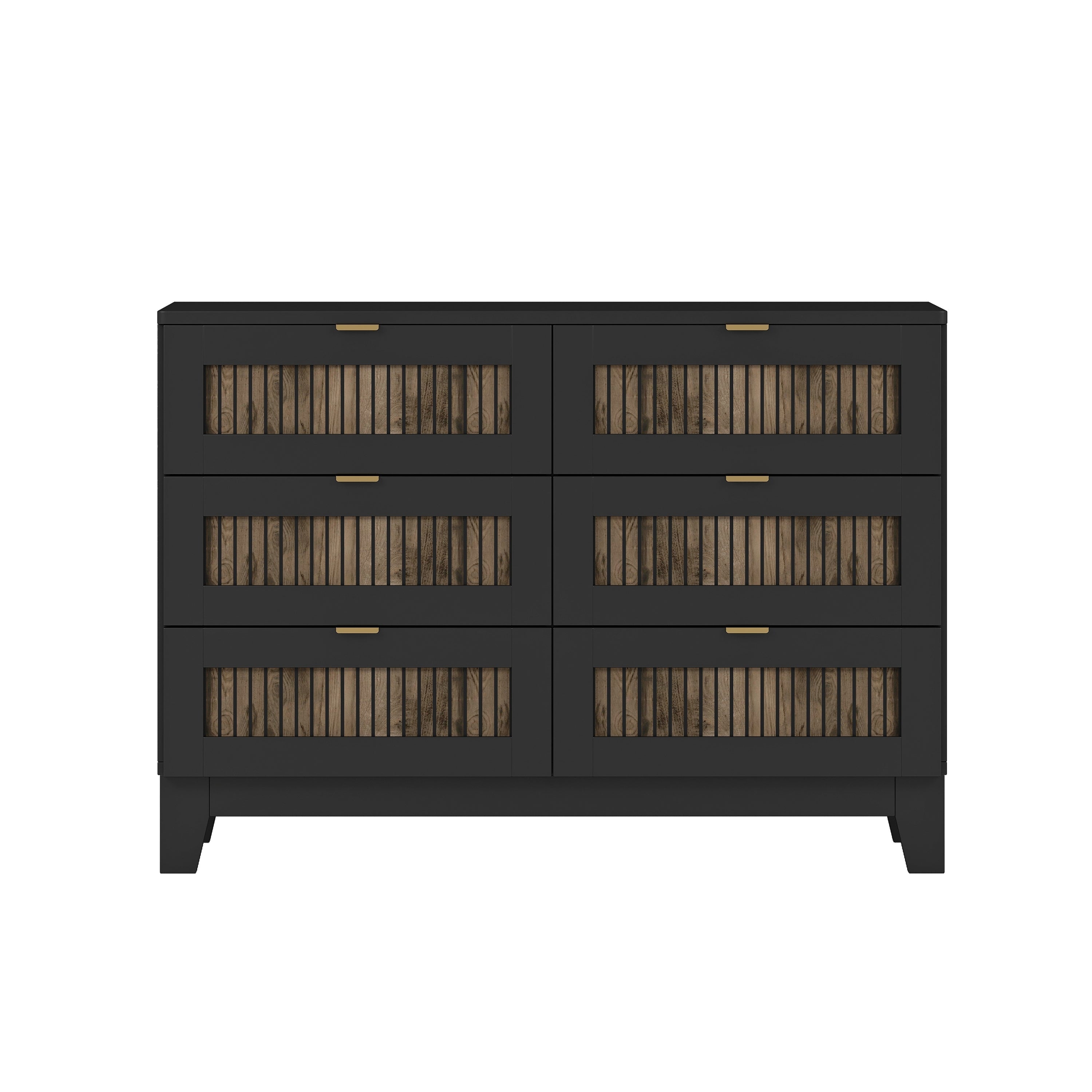 4-Pieces Bedroom Sets, Queen Size Farmhouse Platform Bed with Wooden Strip Stickers Decoration, Storage Nightstand and Dresser with Metal Handle, Black(Old SKU: HL000191AAB)