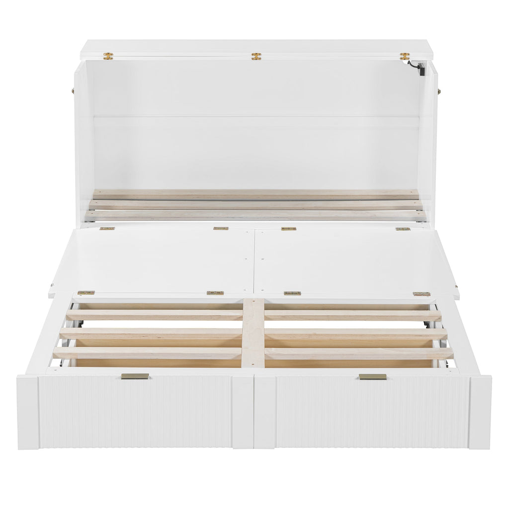 Queen Size Murphy  Bed with drawer and a set of Sockets & USB Ports, Pulley Structure Design, White