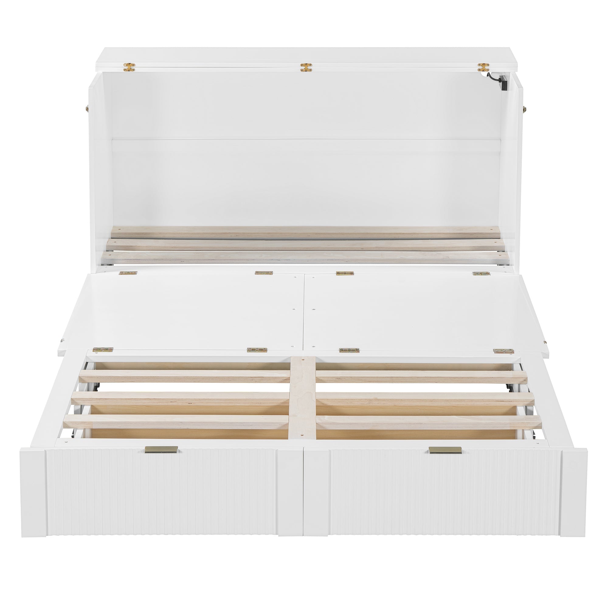 Queen Size Murphy  Bed with drawer and a set of Sockets & USB Ports, Pulley Structure Design, White