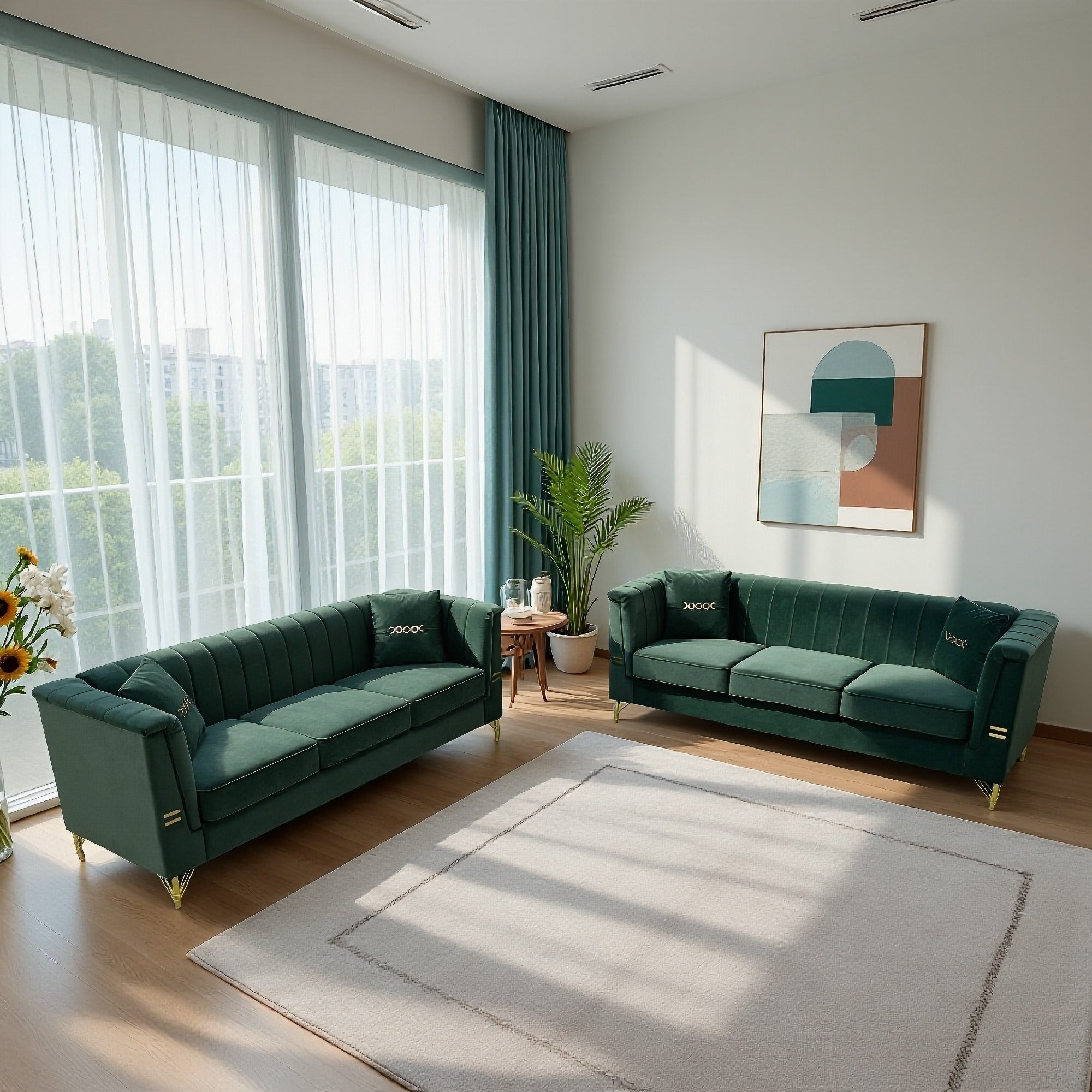 FX-P82-2PC SOFA -GR3  Green Velvet Sofa Set of 2, Two Modern 3-Seater Sofas with Plush Cushions & Gold-Tone Metal Legs  Stylish Living Room Couch Set for Homes, Apartments, and Guest Areas