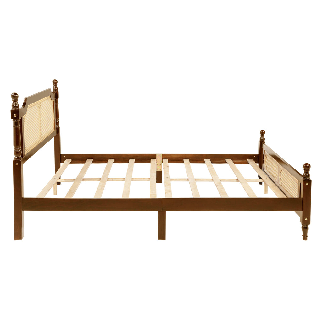 Queen Pine wooden Bed with Rattan Headboard  and Footboard, with  Central Enhanced Bed Platform,Walnut
