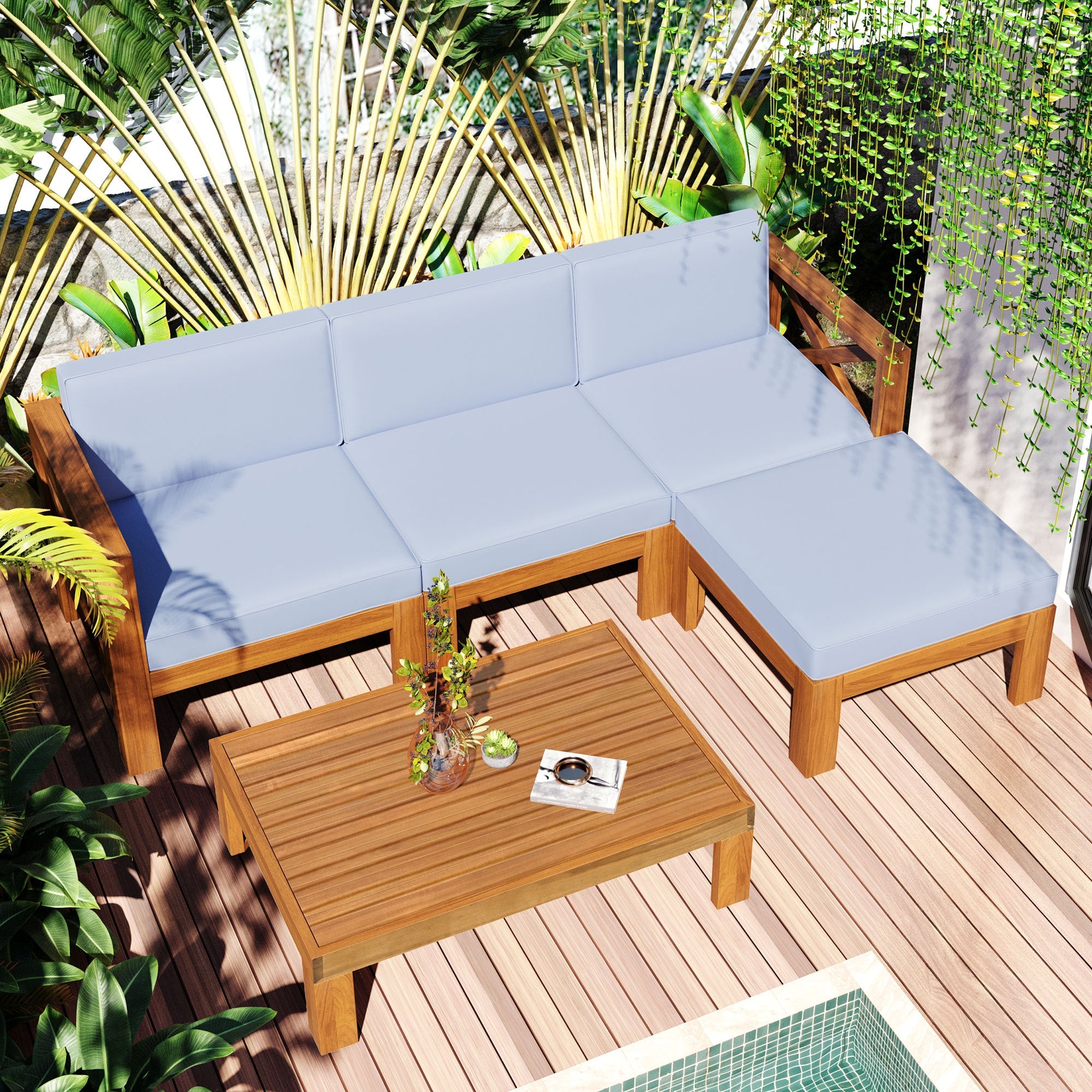 TOPMAX Outdoor Backyard Patio Wood 5-Piece Sectional Sofa Seating Group Set with Cushions, Natural Finish+ Gray Cushions