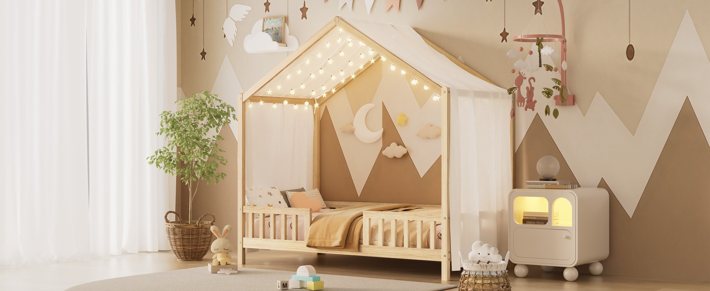 Montessori Floor Bed with Canopy, Twin Bed Frame for Kids, House Shape Kids Bed Frame with High Railings, Wood Kids Bed with Roof, Kid Twin Bed, Natural