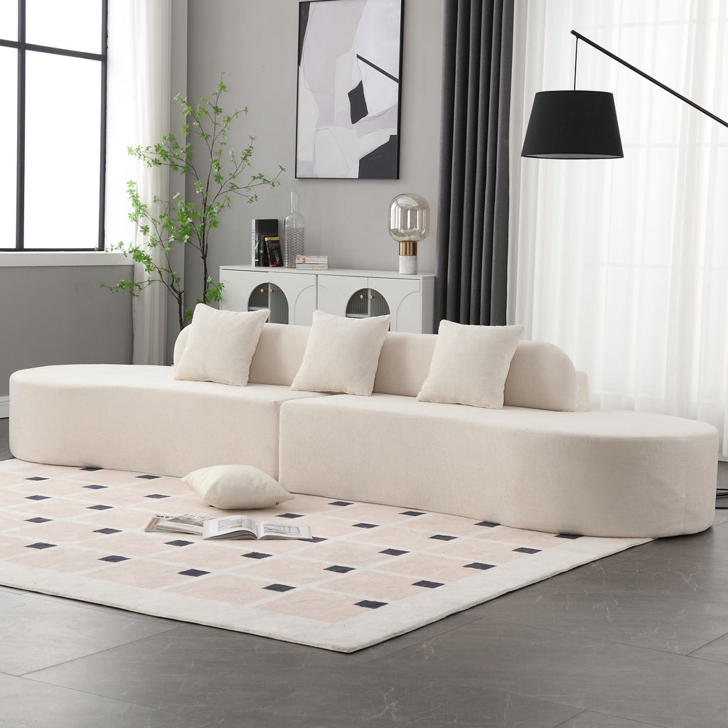 Modern curved combination sofa, terrycloth fabric sofa, minimalist sofa in living room, apartment, no assembly required, three  pillows,Beige