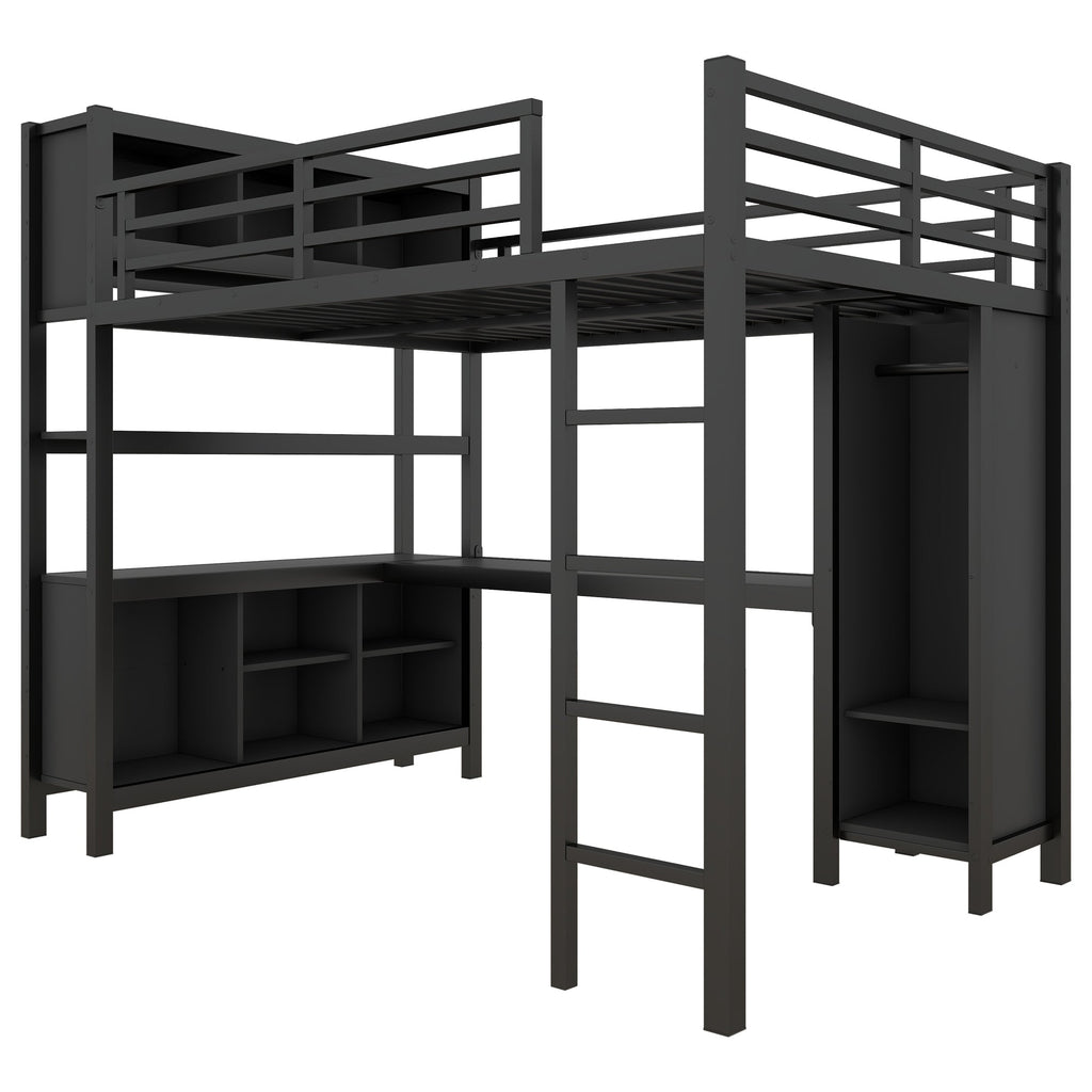 Metal Loft Bed with Wardrobe And L-shaped Desk, Full Size Loft Bed with Storage Cubes and Shelves, Heavy Duty Loft Bed for Kids Teens Adults, Black