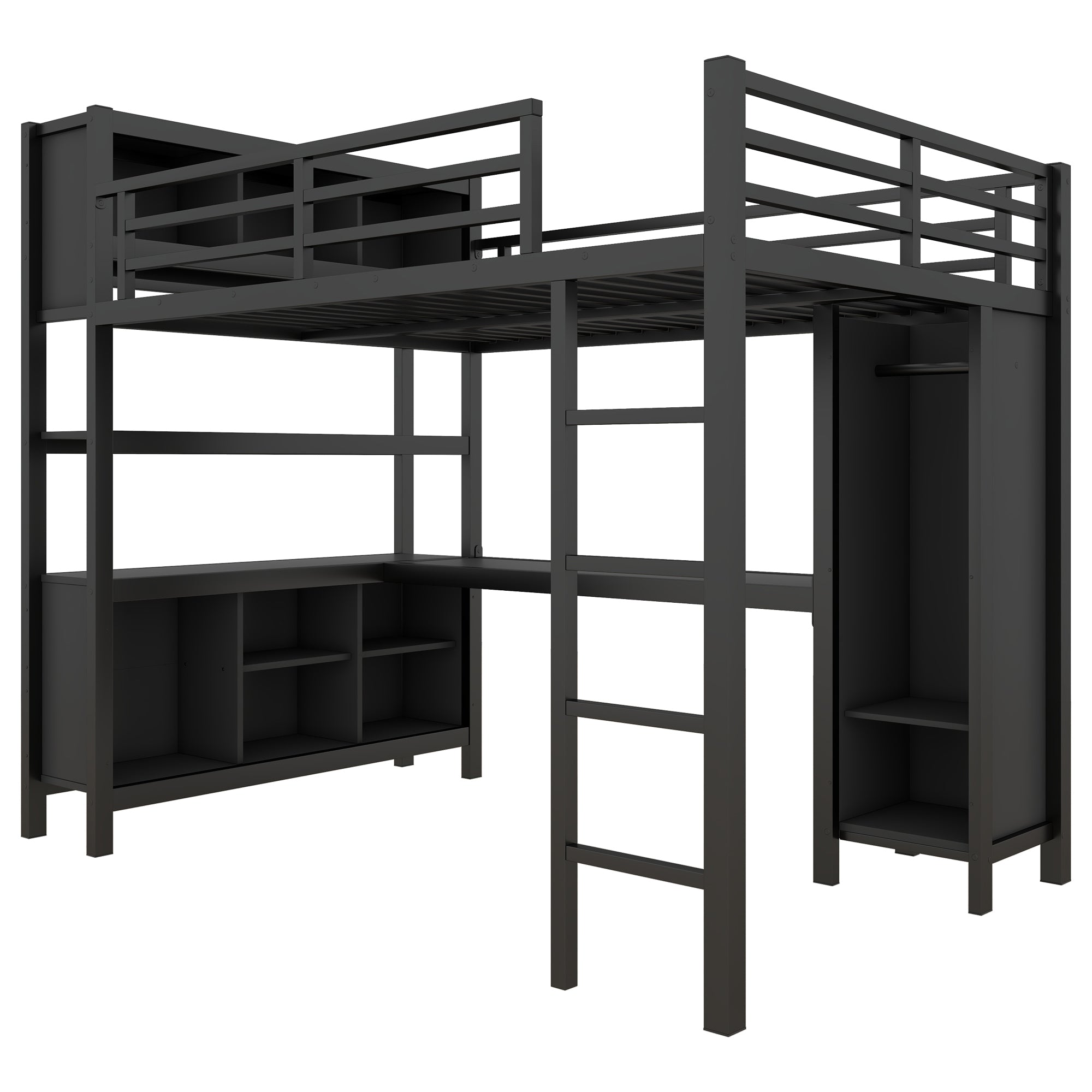 Metal Loft Bed with Wardrobe And L-shaped Desk, Full Size Loft Bed with Storage Cubes and Shelves, Heavy Duty Loft Bed for Kids Teens Adults, Black