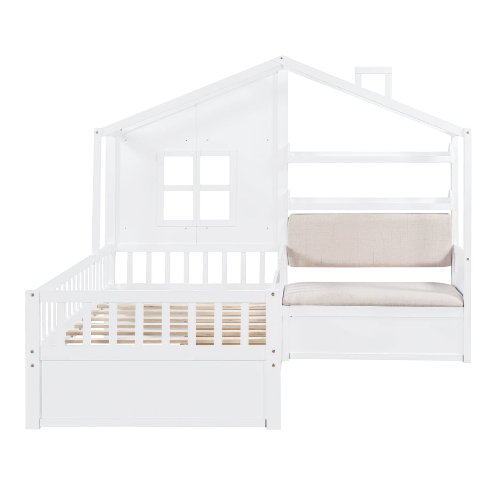 Twin Size House Bed with Sofa, Kids Platform Bed with Two Drawers and Storage Shelf, White (Old SKU:HL000065AAK)