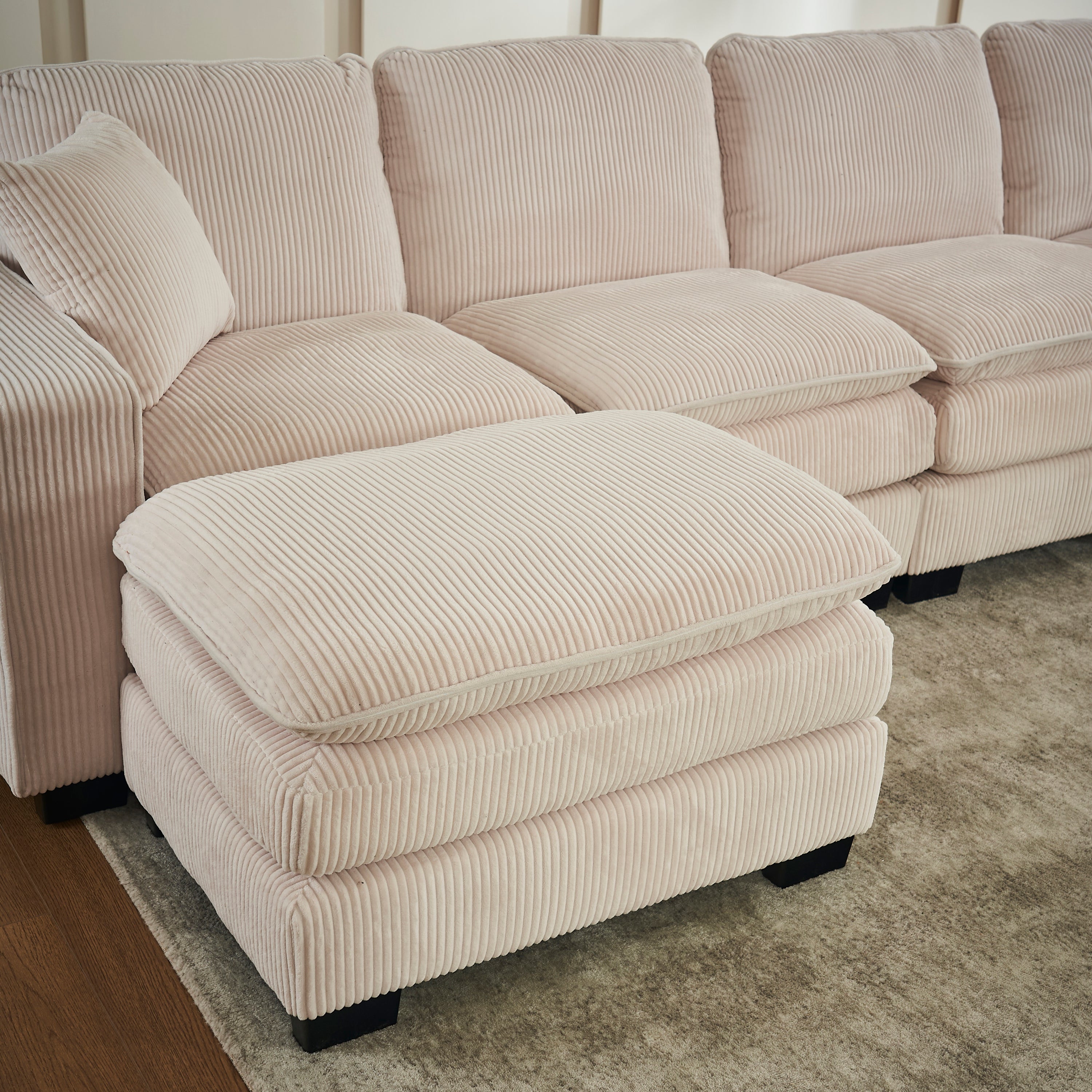 Modern U Shaped 6-seat Sectional Sofa Couch with one Ottoman and three toss pillows ,Modular Sofa for Living Room,Corduroy sofa