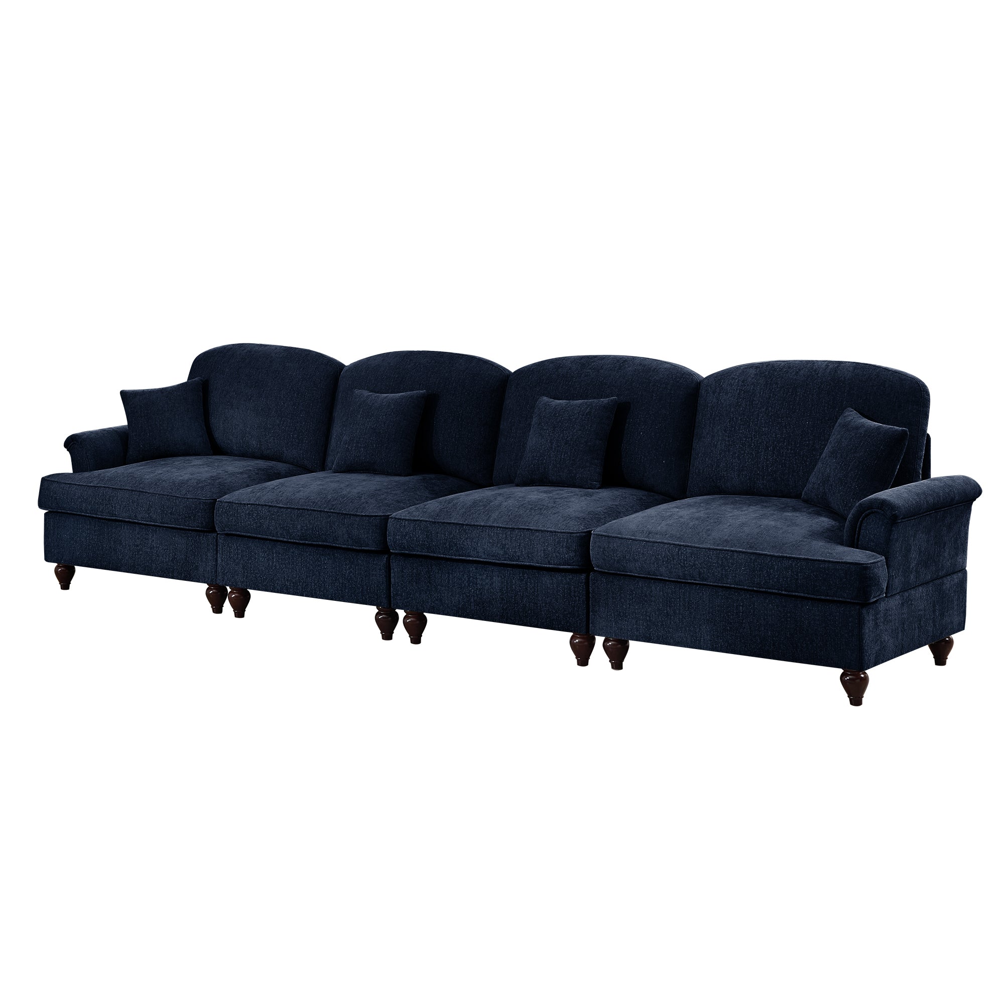 Elegant Mid Century Large 4 Seater Sofa Couch with Flared Arms and Removable Ruffles Pleats Skirts and Spindle Legs, Comfy Chenille Four-Seat Sofa for Living Room, Blue