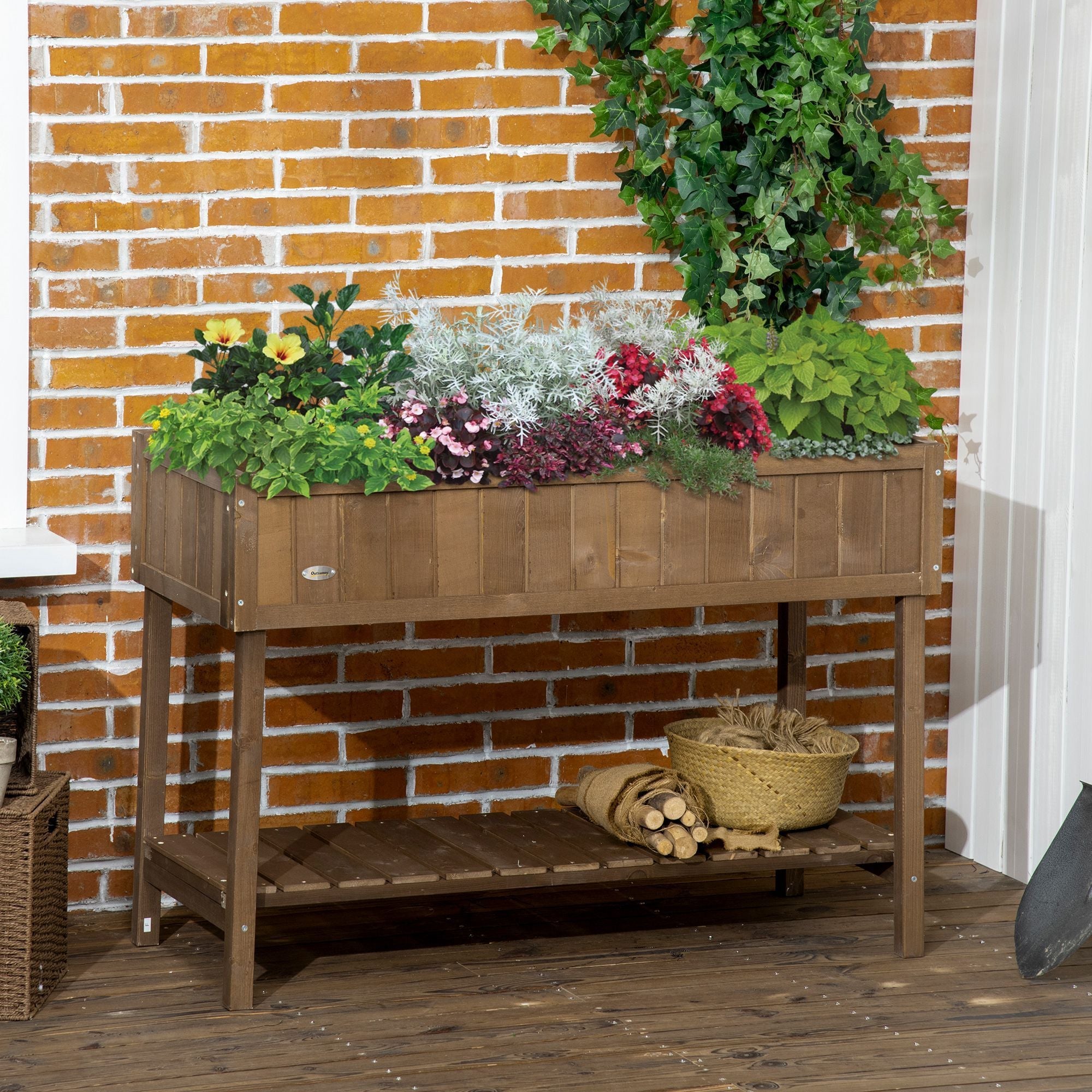 Outsunny 43x18x30in Raised Garden Bed with 8 Pockets and Shelf, Wooden Elevated Planter Box with Legs to Grow Herbs, Vegetables, and Flowers, Dark Brown