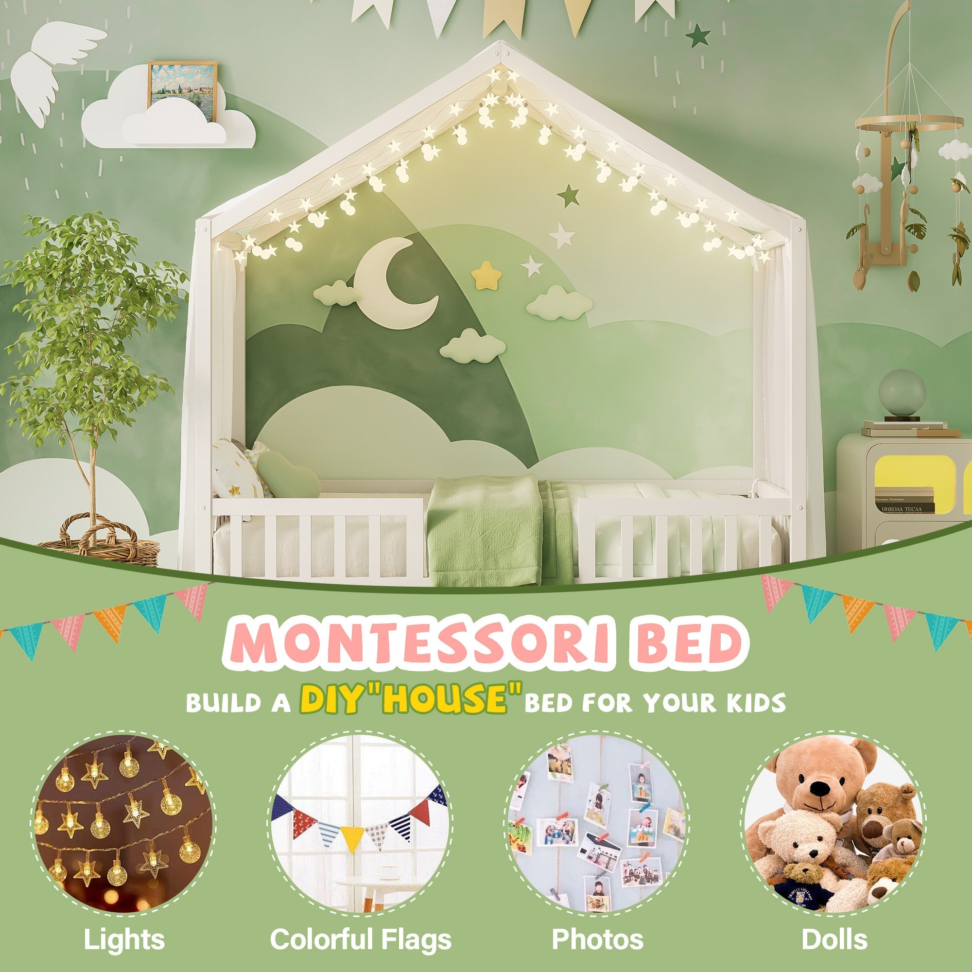 Montessori Floor Bed with Canopy, Twin Bed Frame for Kids, House Shape Kids Bed Frame with High Railings, Wood Kids Bed with Roof, Kid Twin Bed, White