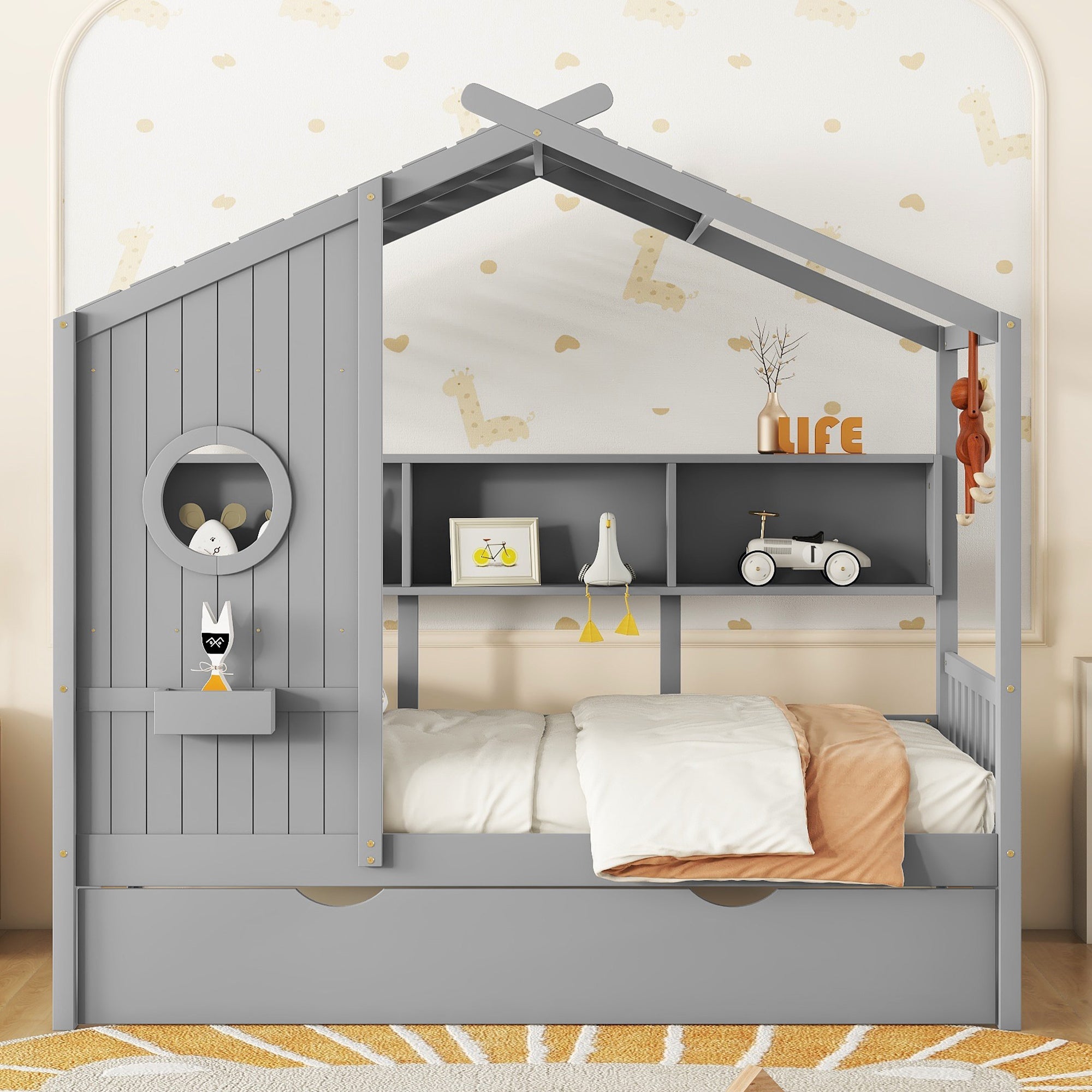 Wooden Twin Size House Bed With Trundle, Modern Design for Kids with Storage Shlef, Gray(old SKU HL000094AAE)