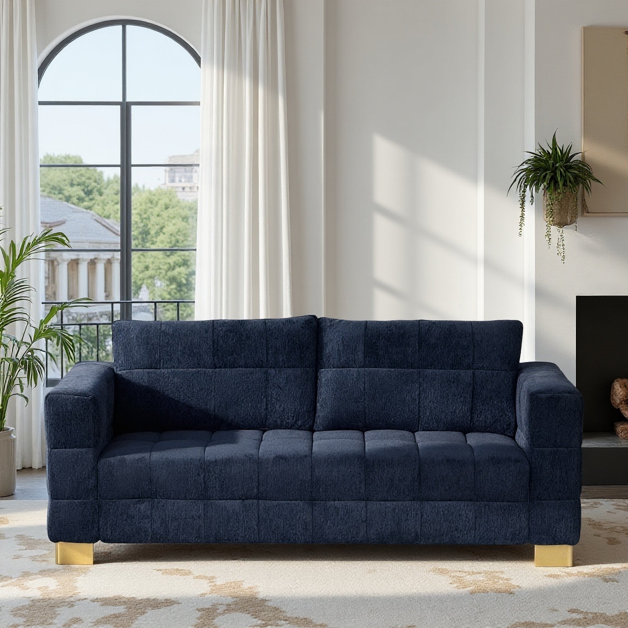 FX-P54-RB SOFA  Retro Blue Chenille Upholstered Couch, Wide-Arm 3-Seater with Custom Stainless-Steel Legs & Tufted Seat  Modern Living Room Sofa for Comfort & Style