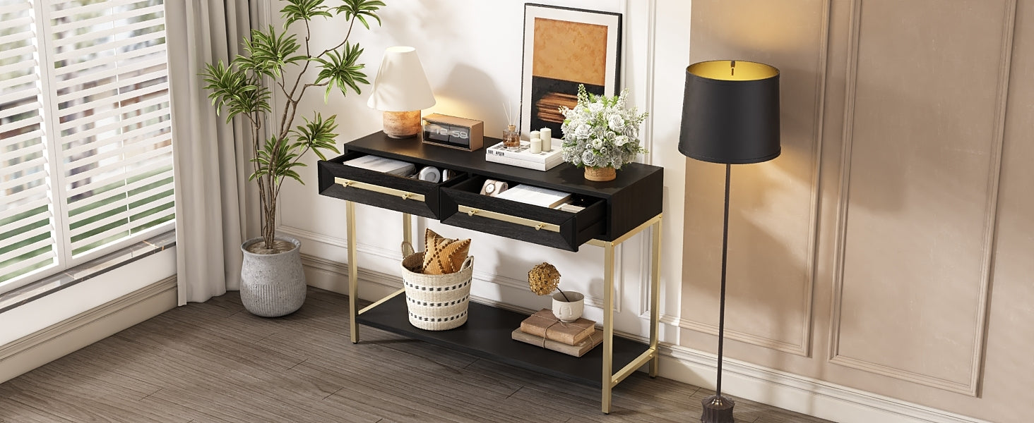 TREXM Entryway Table, Console Table with Two Drawers, Retro Hallway Table with Striking Geometric Design for Entryway and Living Room (Black)