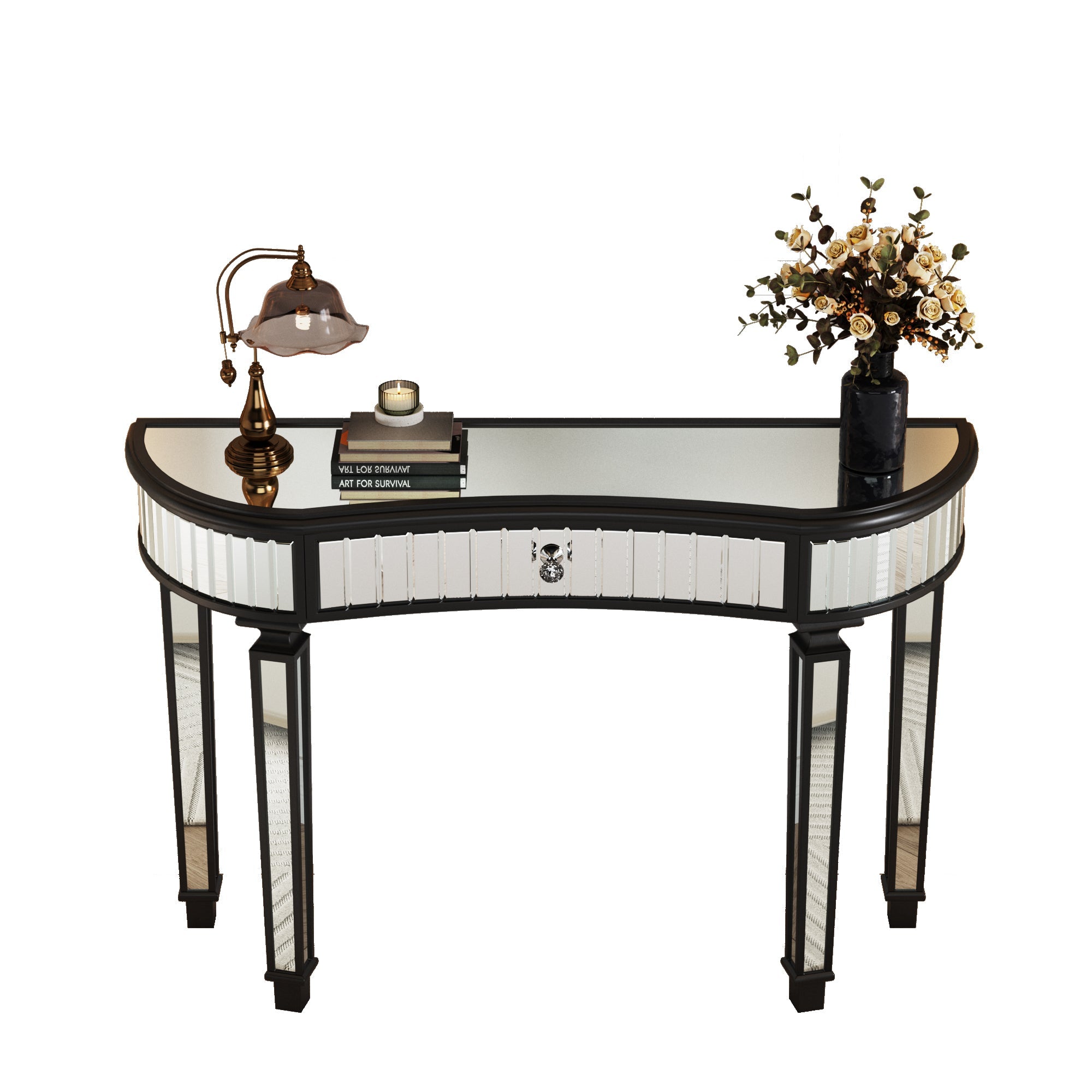 47' Half-Moon Mirrored Console Table with Fluted Glass & Crystal Knob Drawer - Silver Entryway Vanity Desk for Bedroom/Dressing Room(Black+Sliver)
