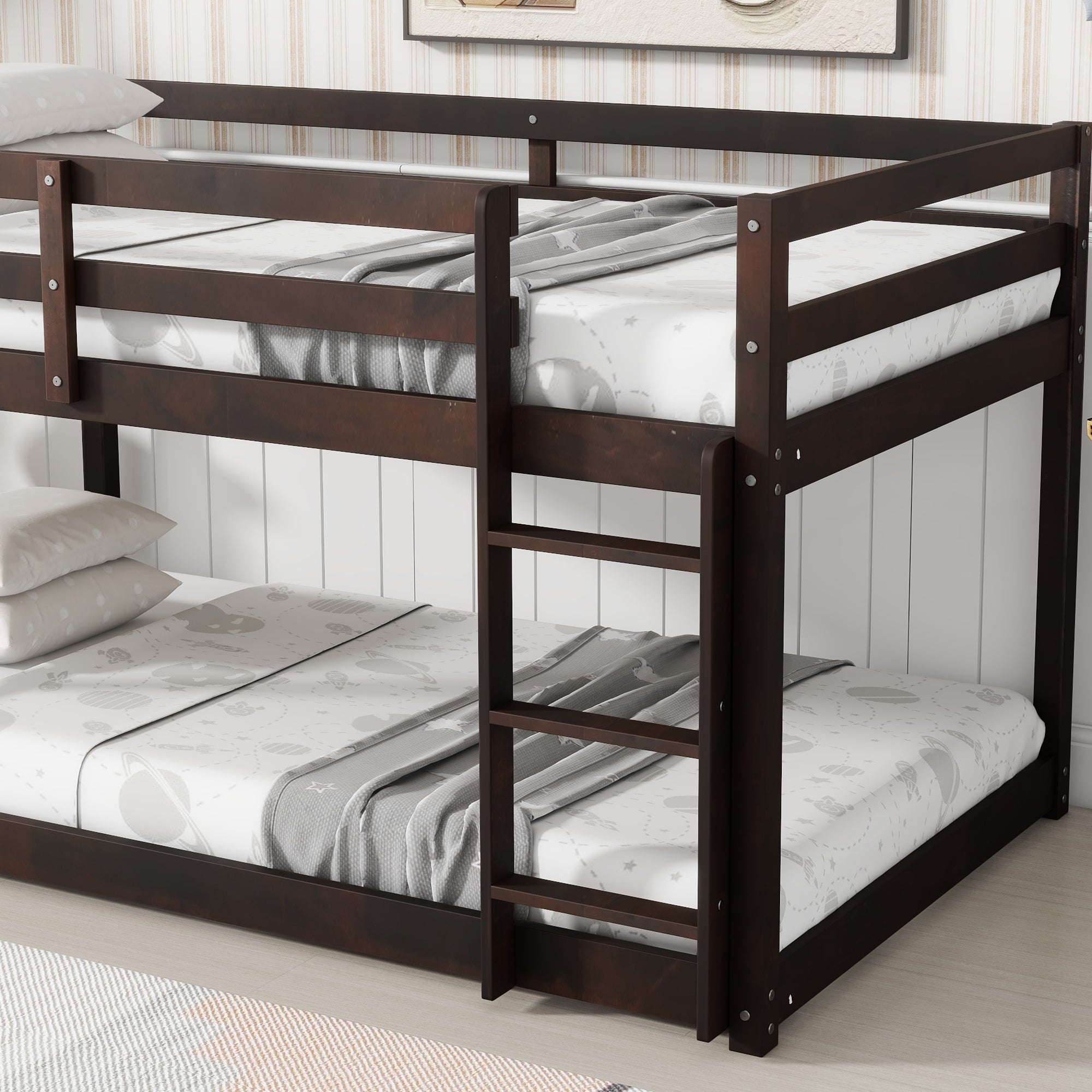 Solid Wooden, Solid Rubber Wooden Twin over Twin Floor Bunk Bed with Ladder, with Bed Platform of Strengthened Slats  , Espresso
