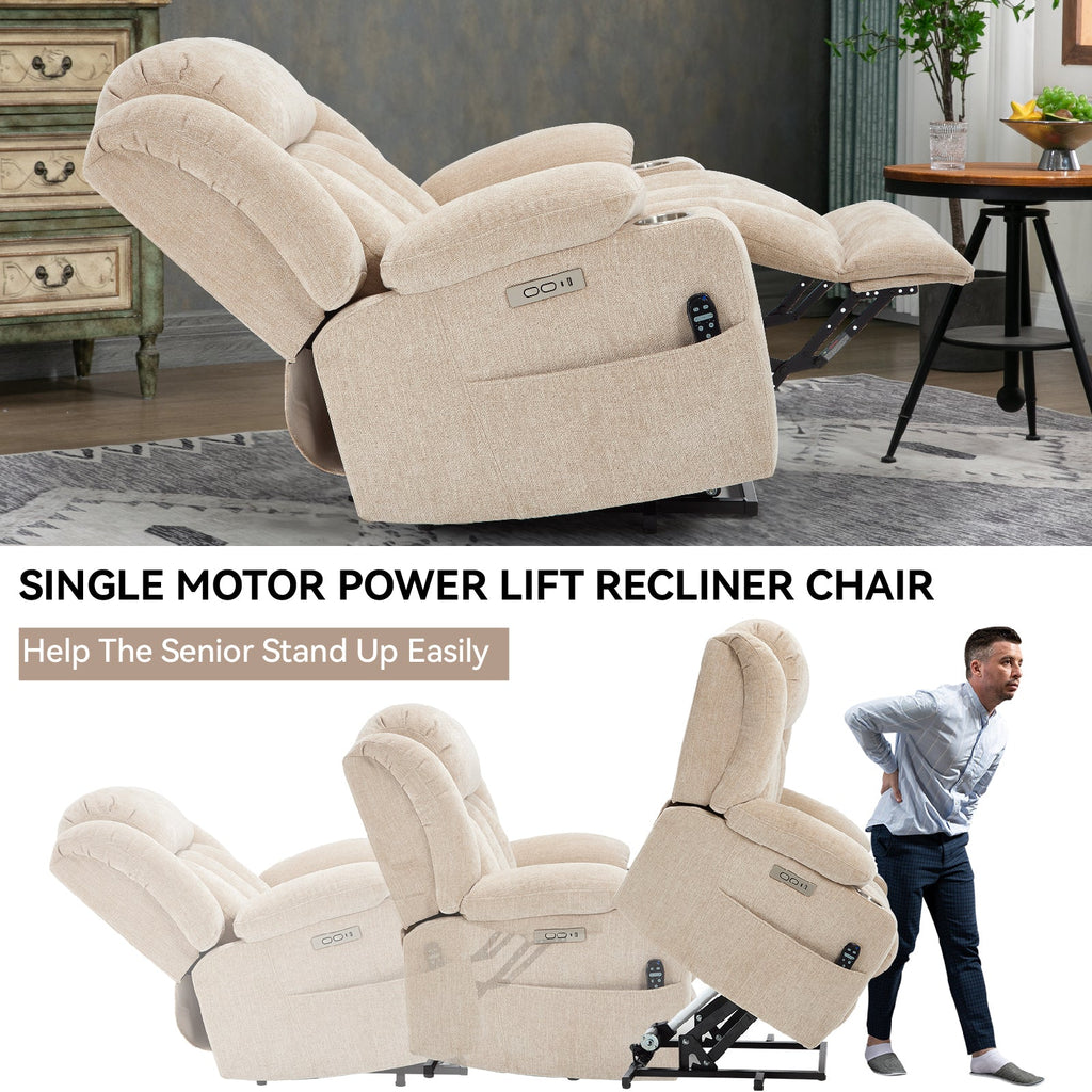 Up to 350 LBS Chenille Power Lift Recliner Chair, Heavy Duty Motion Mechanism with 8-Point Vibration Massage and Lumbar Heating, USB and Type-C Ports, Stainless Steel Cup Holders, Beige