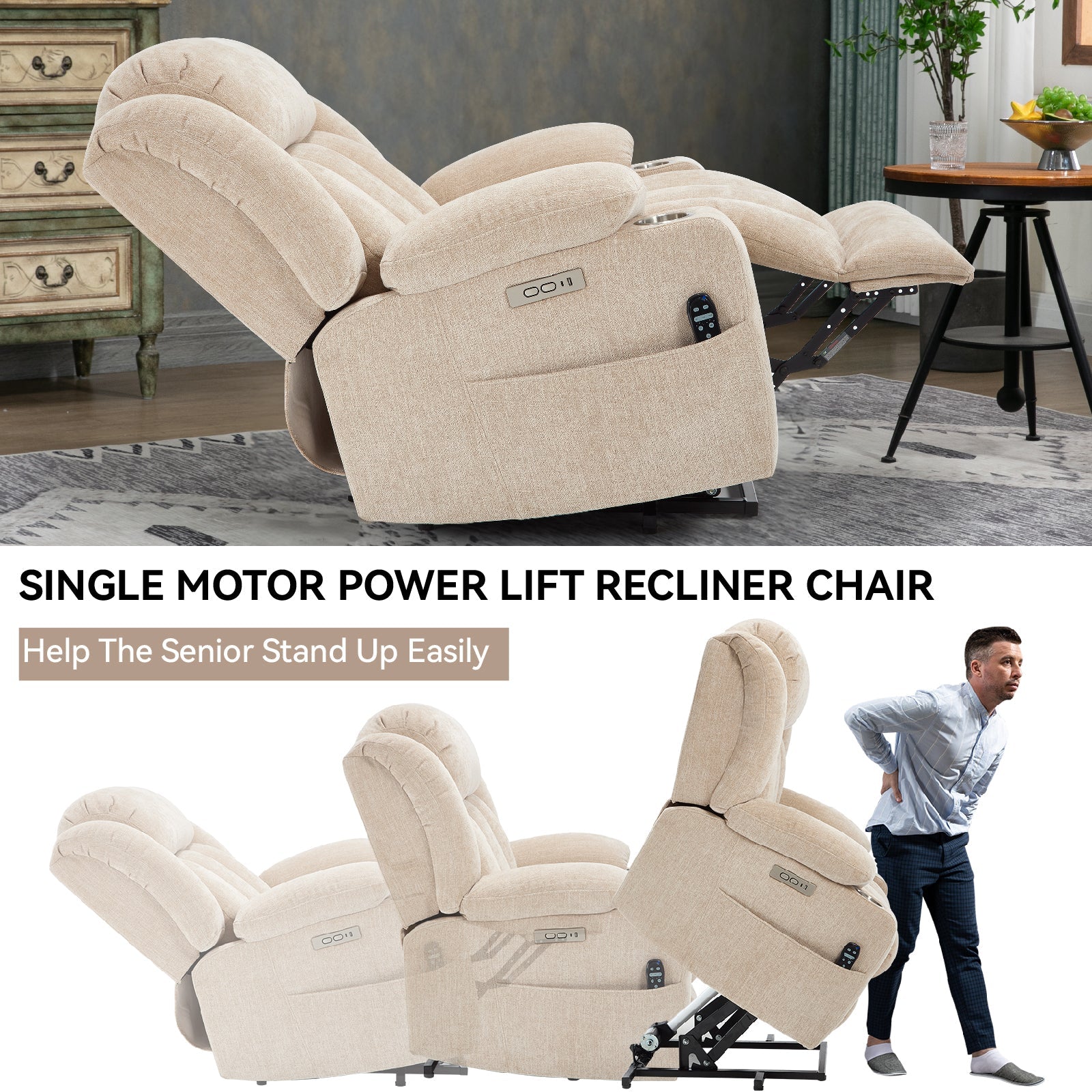Up to 350 LBS Chenille Power Lift Recliner Chair, Heavy Duty Motion Mechanism with 8-Point Vibration Massage and Lumbar Heating, USB and Type-C Ports, Stainless Steel Cup Holders, Beige