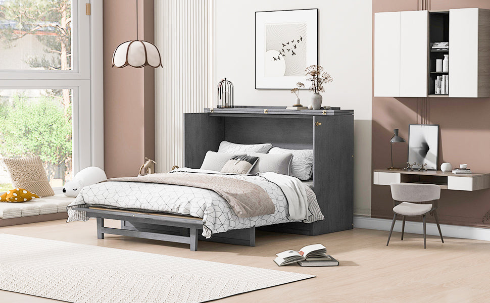 Queen Size Murphy Bed with Large Drawers & USB Ports,Brushed Gray