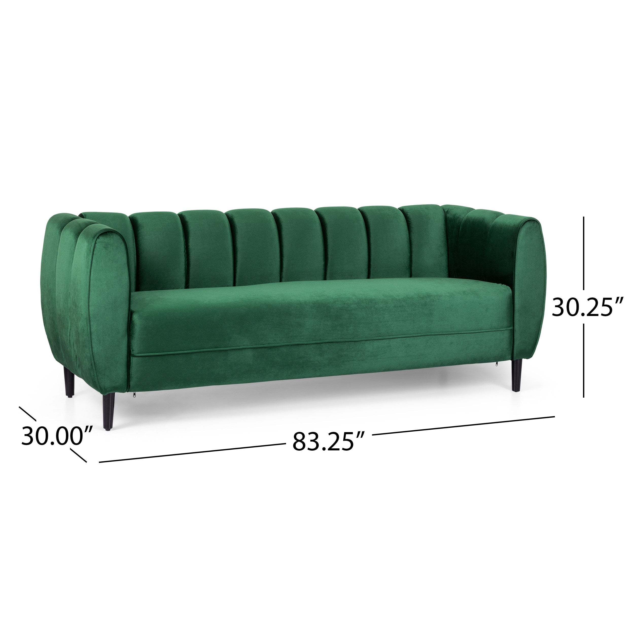 Miranda Velvet 3-Seater Sofa with Channel Stitching in Emerald Velvet and Birch Wood Legs