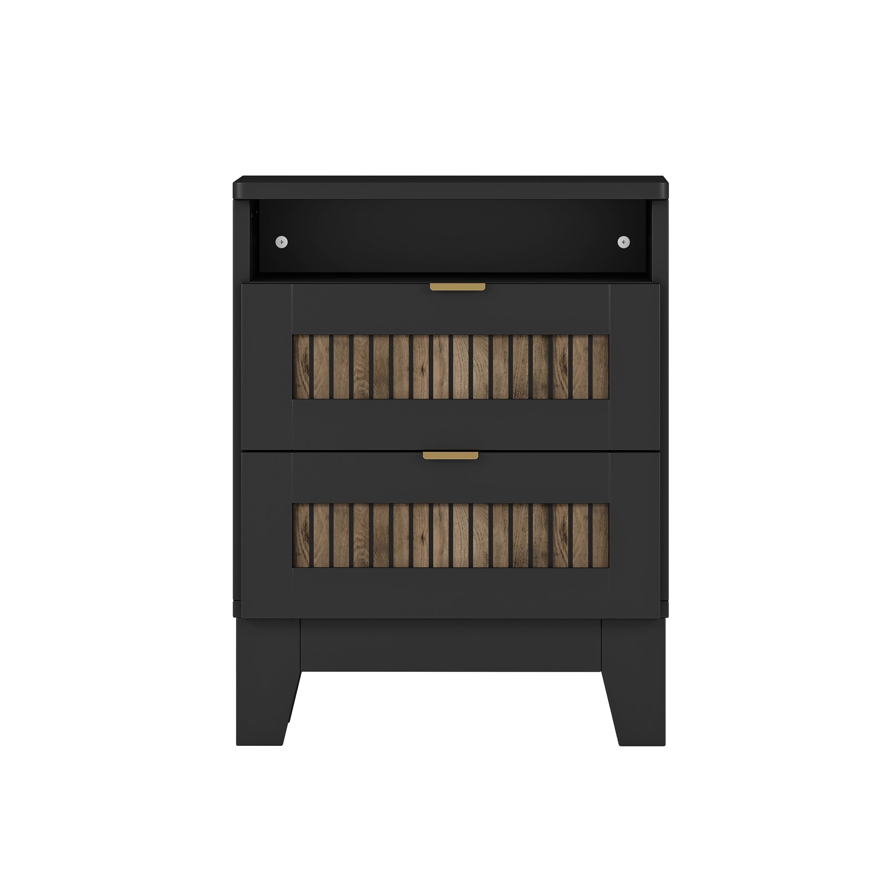 4-Pieces Bedroom Sets, Queen Size Farmhouse Platform Bed with Wooden Strip Stickers Decoration, Storage Nightstand and Dresser with Metal Handle, Black(Old SKU: HL000191AAB)
