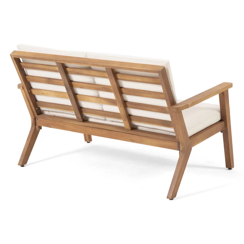 Temecula Outdoor Acacia Wood 4-Seater Chat Set_Loveseat&Coffee Table&2 Club Chairs - Brown Patina Finish + Cream Cushion