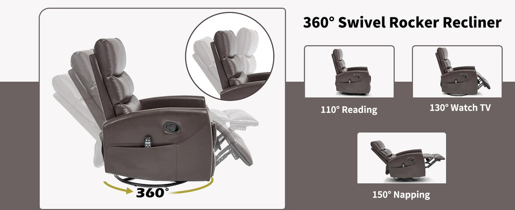 Heat Massage Manual Recliner Chair with Rocker and Swivel in Fabric for Living Room, Brown