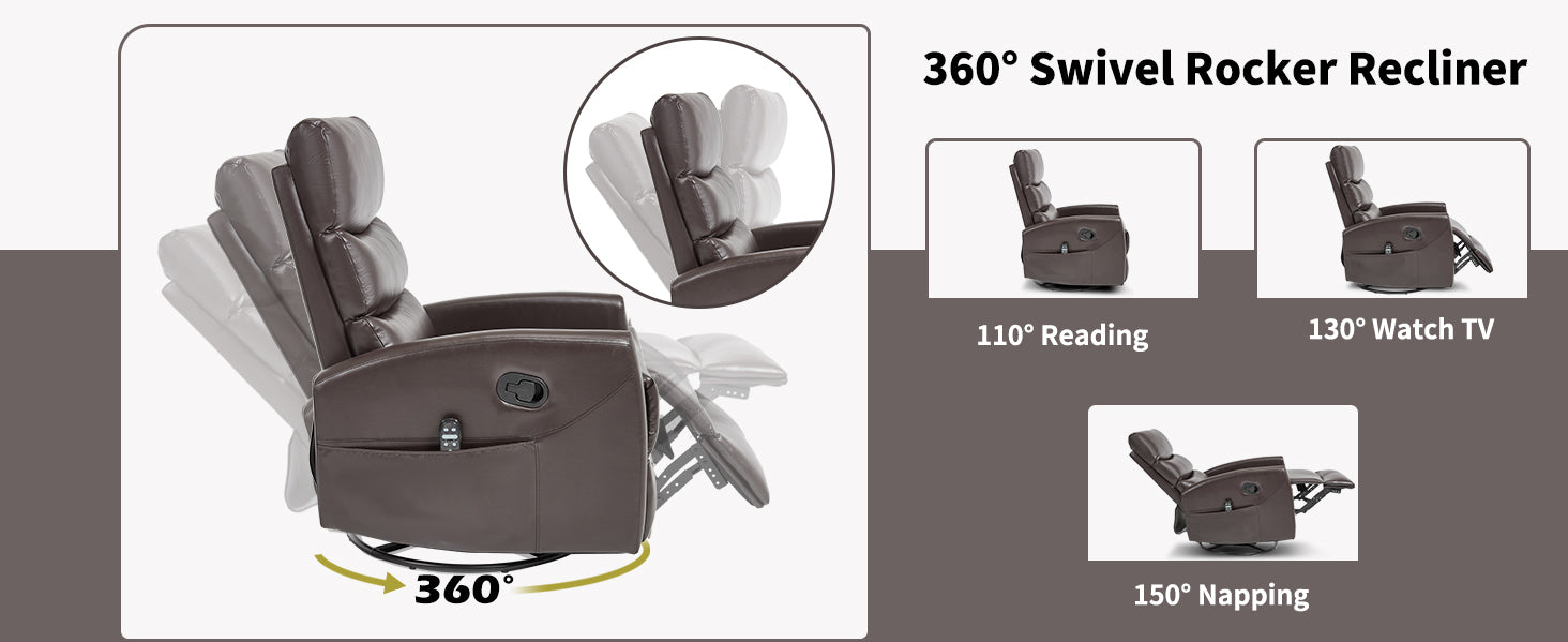 Heat Massage Manual Recliner Chair with Rocker and Swivel in Fabric for Living Room, Brown